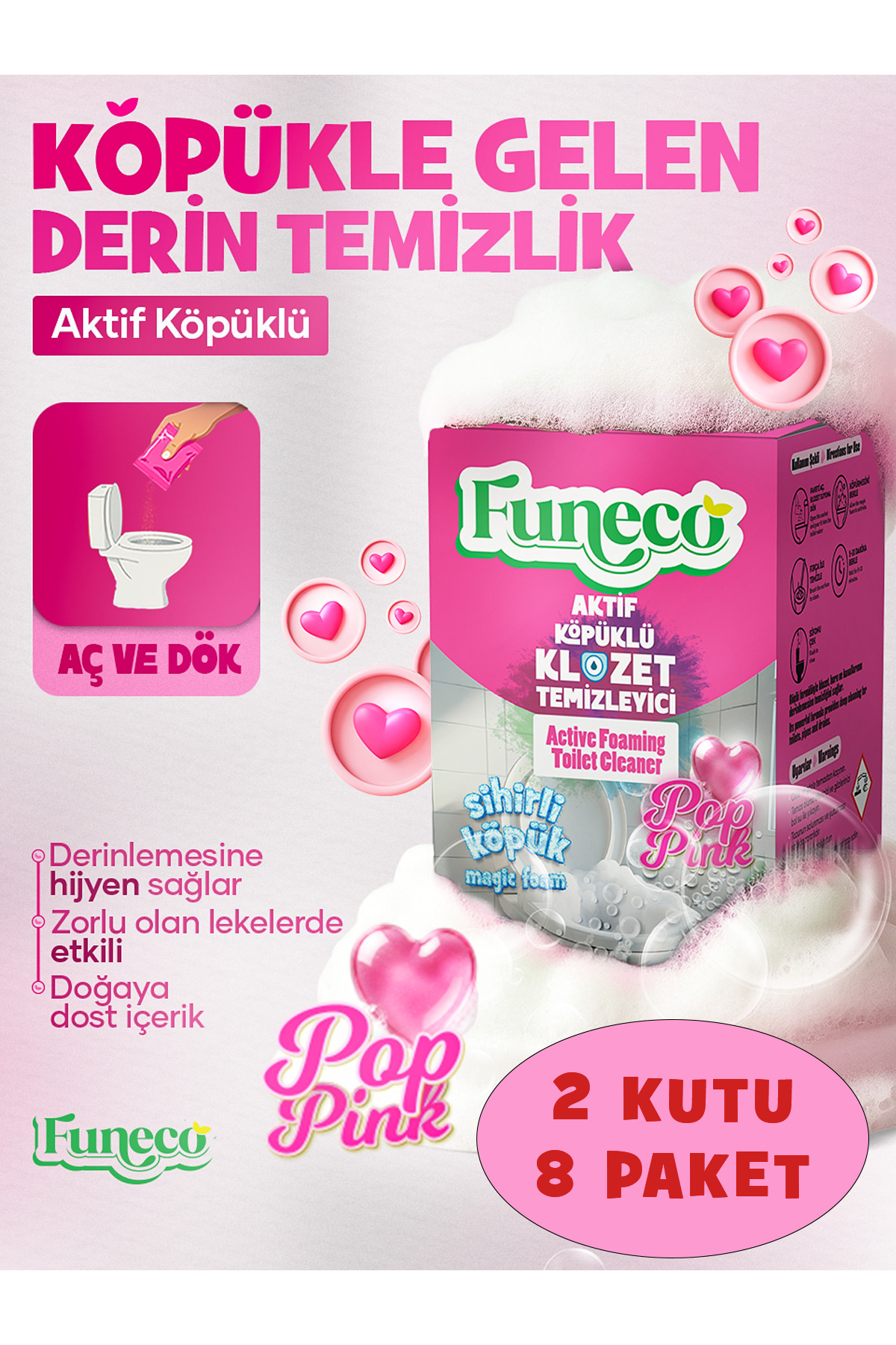 FUNECO POP PINK – Klozet Tuvalet WC Temizleyici, Avantajlı Set, 2 Kutu, 8 Paket Aktif Köpüklü, Ekolojik - Fiyatı, Yorumları