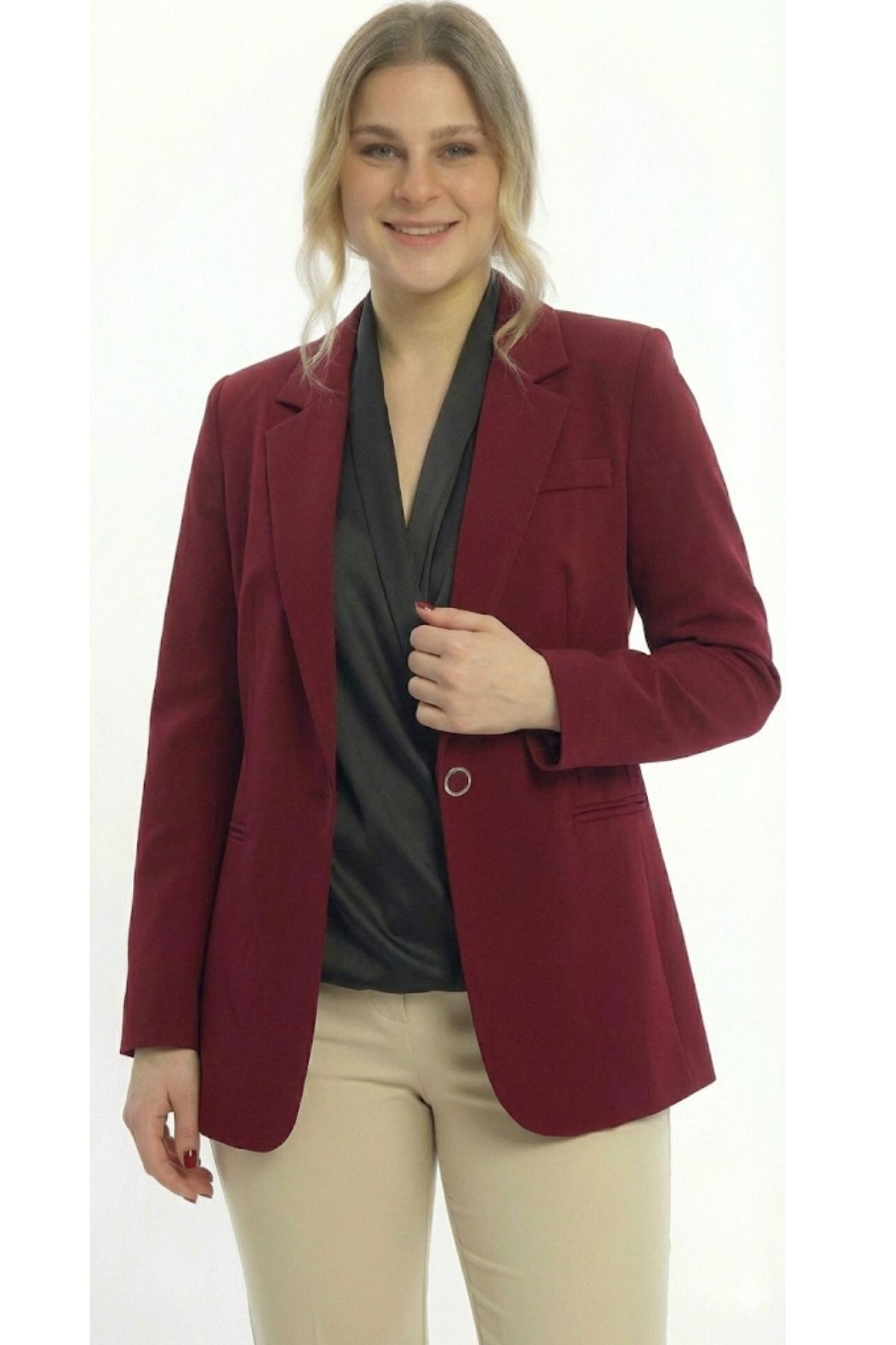 SİZ  Bordo Kadın Büyük Beden Blazer Ceket - Görsel 2