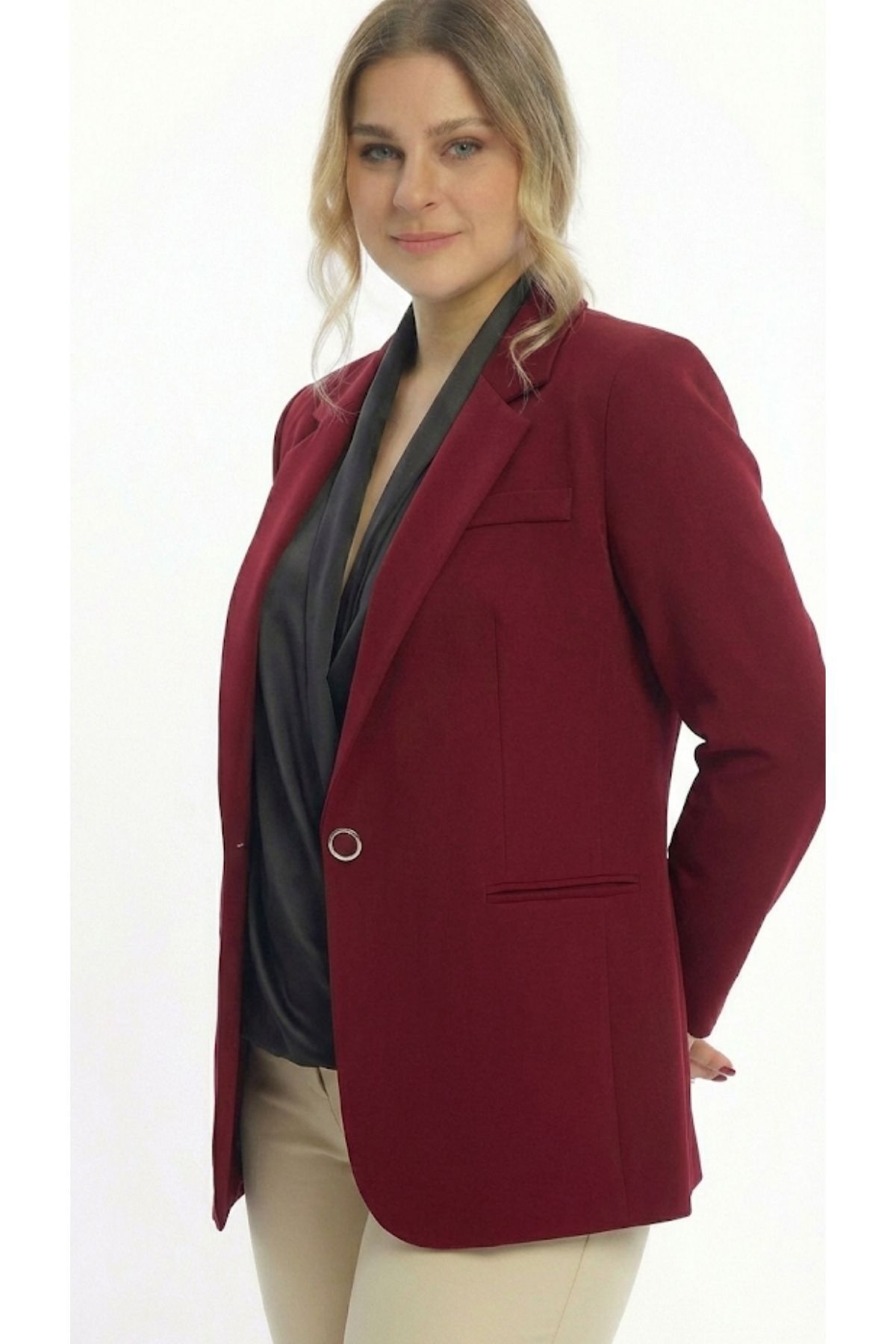 SİZ  Bordo Kadın Büyük Beden Blazer Ceket - Görsel 4