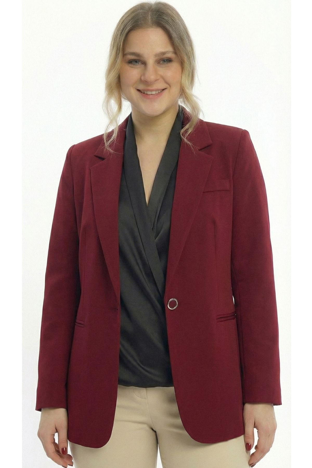 SİZ  Bordo Kadın Büyük Beden Blazer Ceket - Görsel 3
