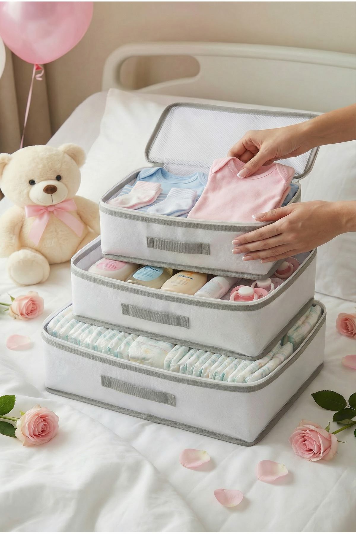 EVSELLA 6'lı Bebek Bakım Çantası Hastane Çıkış Doğum Çantası Organizer Beyaz Set fotoğrafı 6 (önizleme)