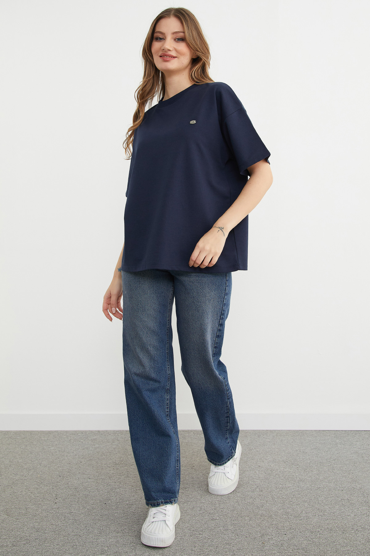 Fullamoda  Fiyonk Aksesuarlı Bisiklet Yaka Oversize Tişört - Görsel 5