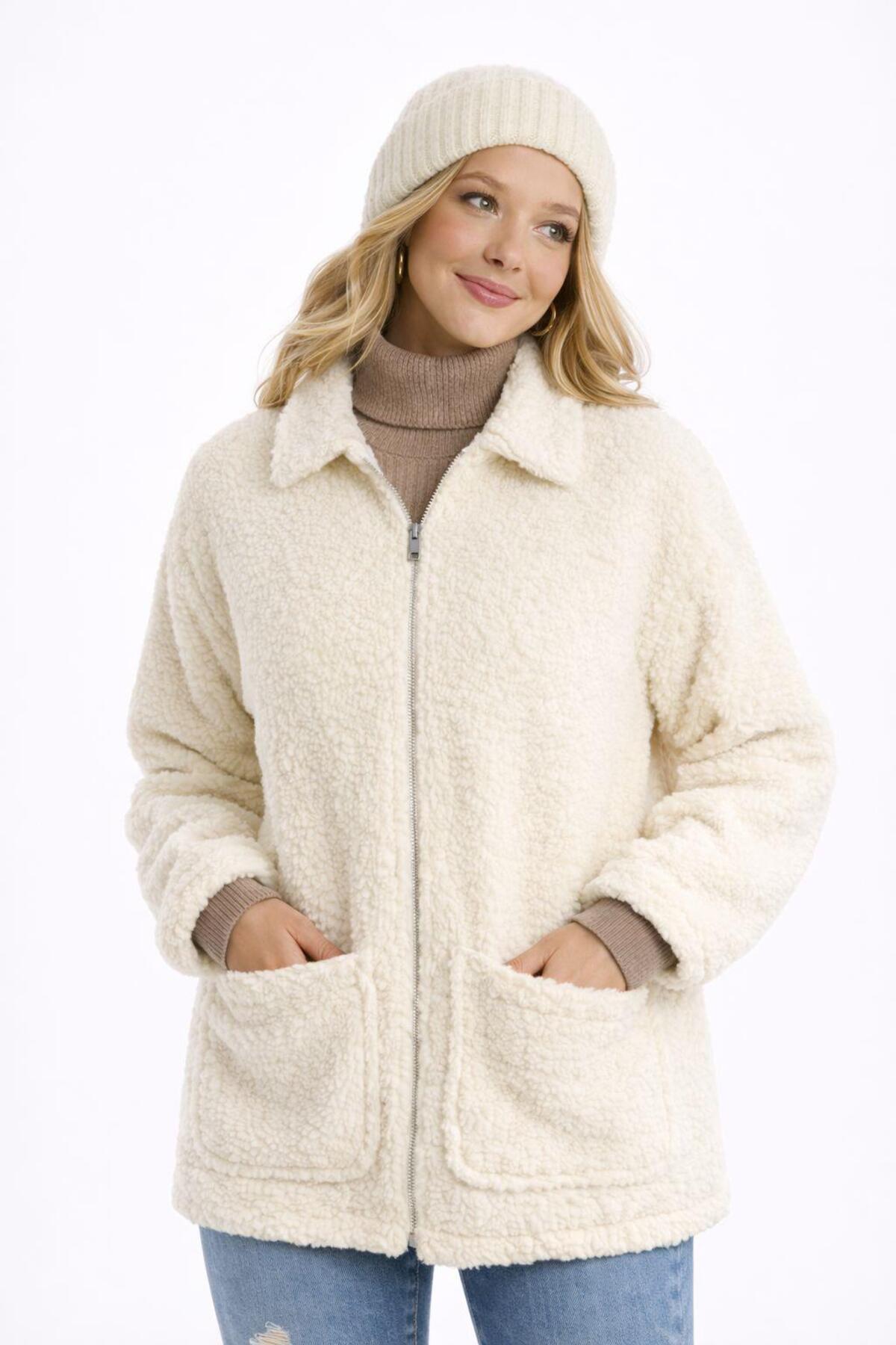Polo State  Kadın Tam Fermuarlı Cep Detaytlı Sherpa Ceket Mont Ekru - Görsel 3