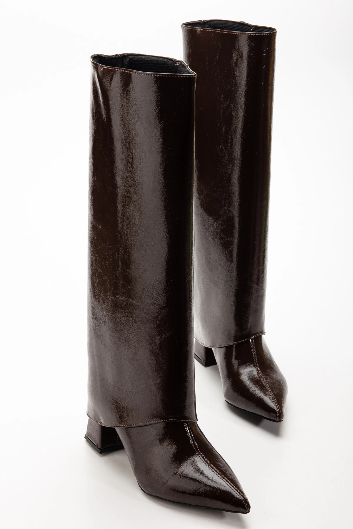 bakacstore  Kadın Tozluk Detaylı Takıp Çıkarılabilen Sivri Burun Acı Kahverengi Kırışık Rugan Çizme - Görsel 2