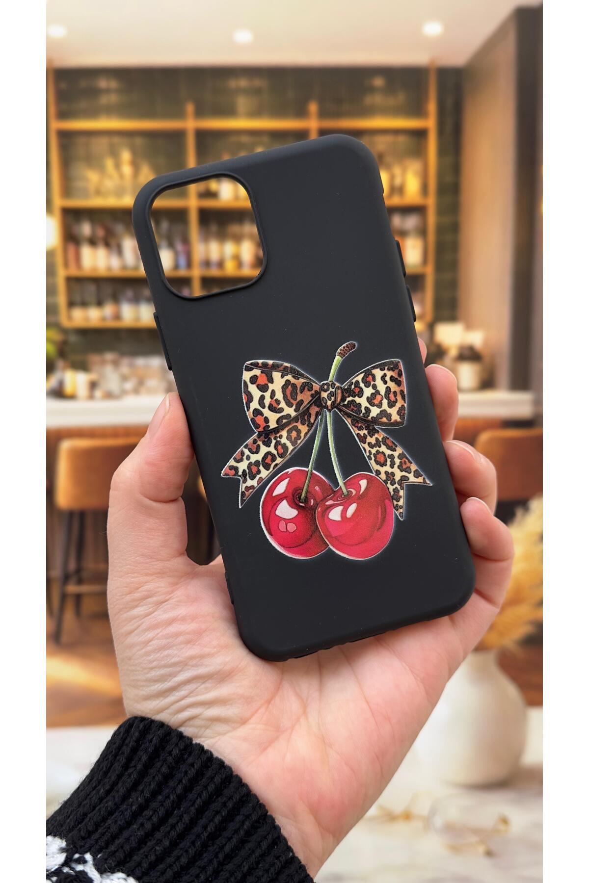 Iphone 11 Pro Max Compatible Cherry Bow Leopard Patterned Silicone Shock Absorbing Classic Rubber Case