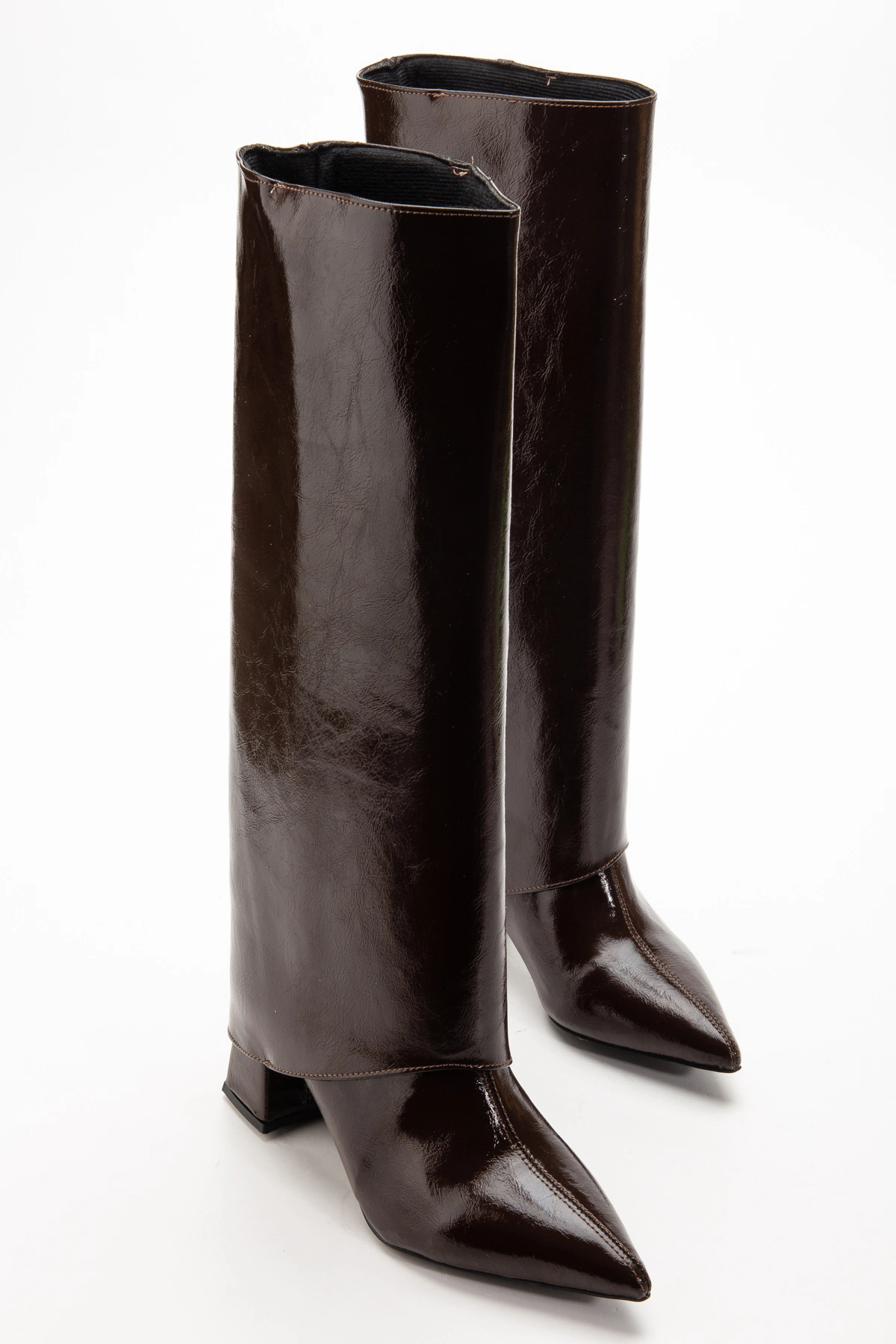 bakacstore  Kadın Tozluk Detaylı Takıp Çıkarılabilen Sivri Burun Acı Kahverengi Kırışık Rugan Çizme