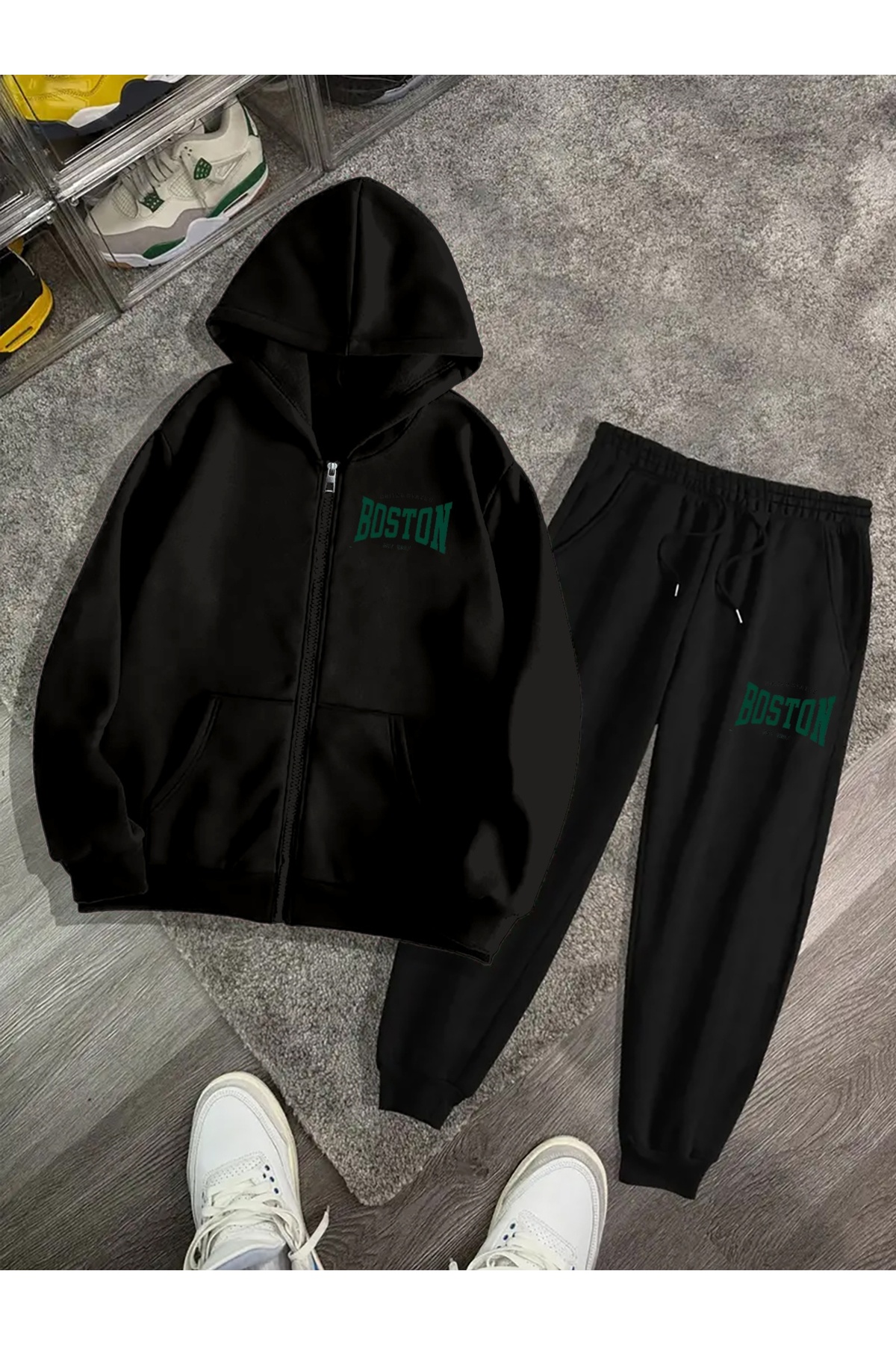 طقم سويتشيرت بغطاء رأس بتصميم Unisex مطبوع من 3 خيوط مبطنة