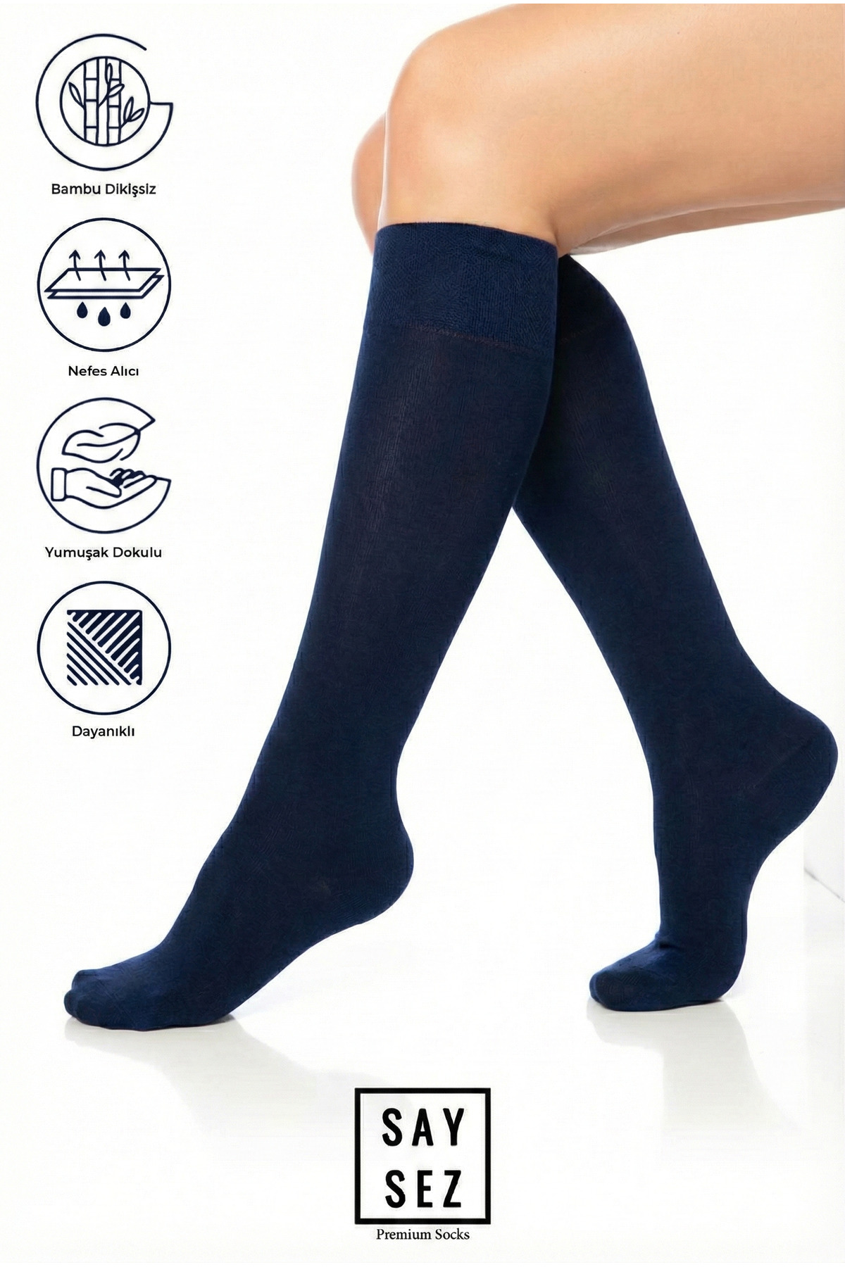 Bamboo Women's Knee-High Plain Navy Soft Long Seamless Socks / Pants Socks /Skinless