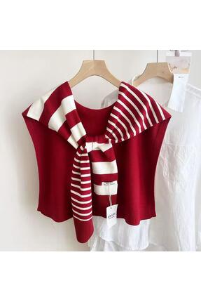ElevaGlam Yeni Stil Triko Omuz Şalı Kırmızı Beyaz Desenli