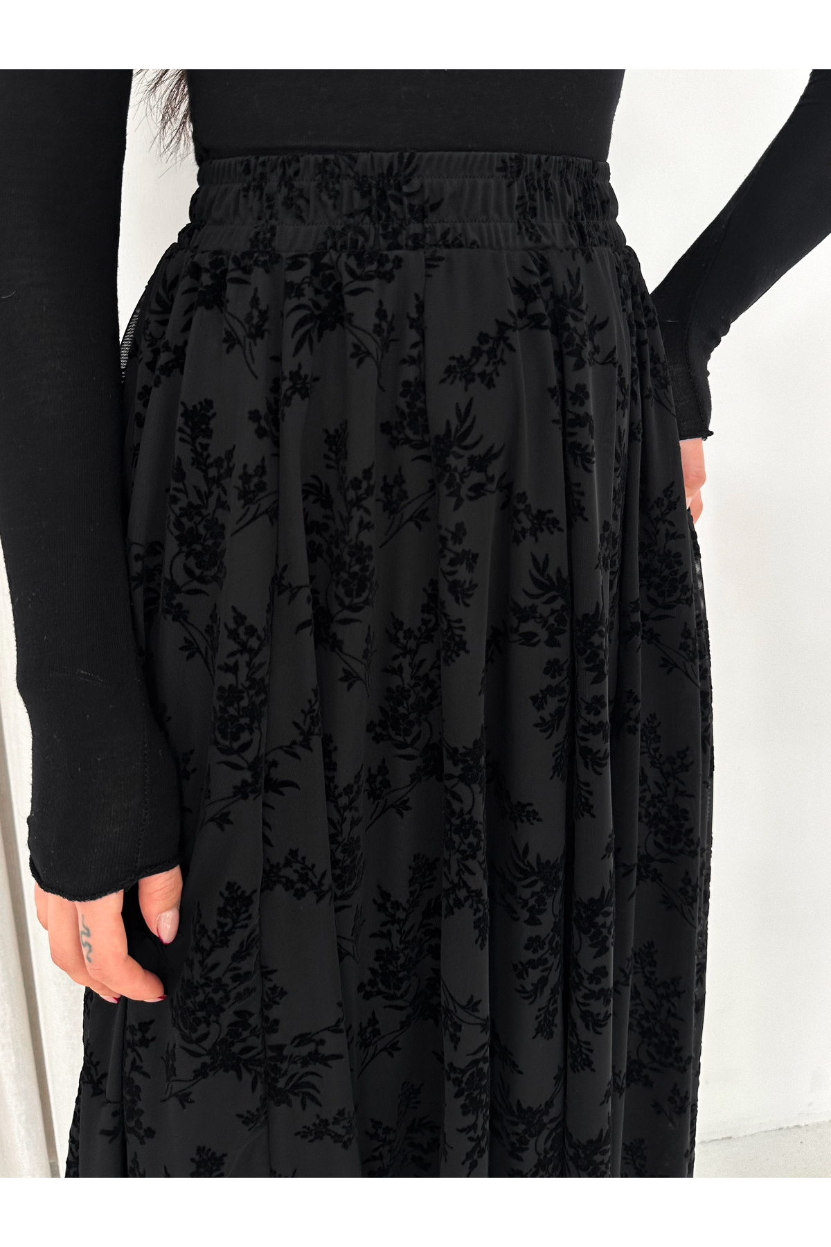 winmoda  Likralı Astarlı Flok Baskılı Tül Etek – Lastikli Bel, Günlük ve Tesettüre Uygun - Görsel 6