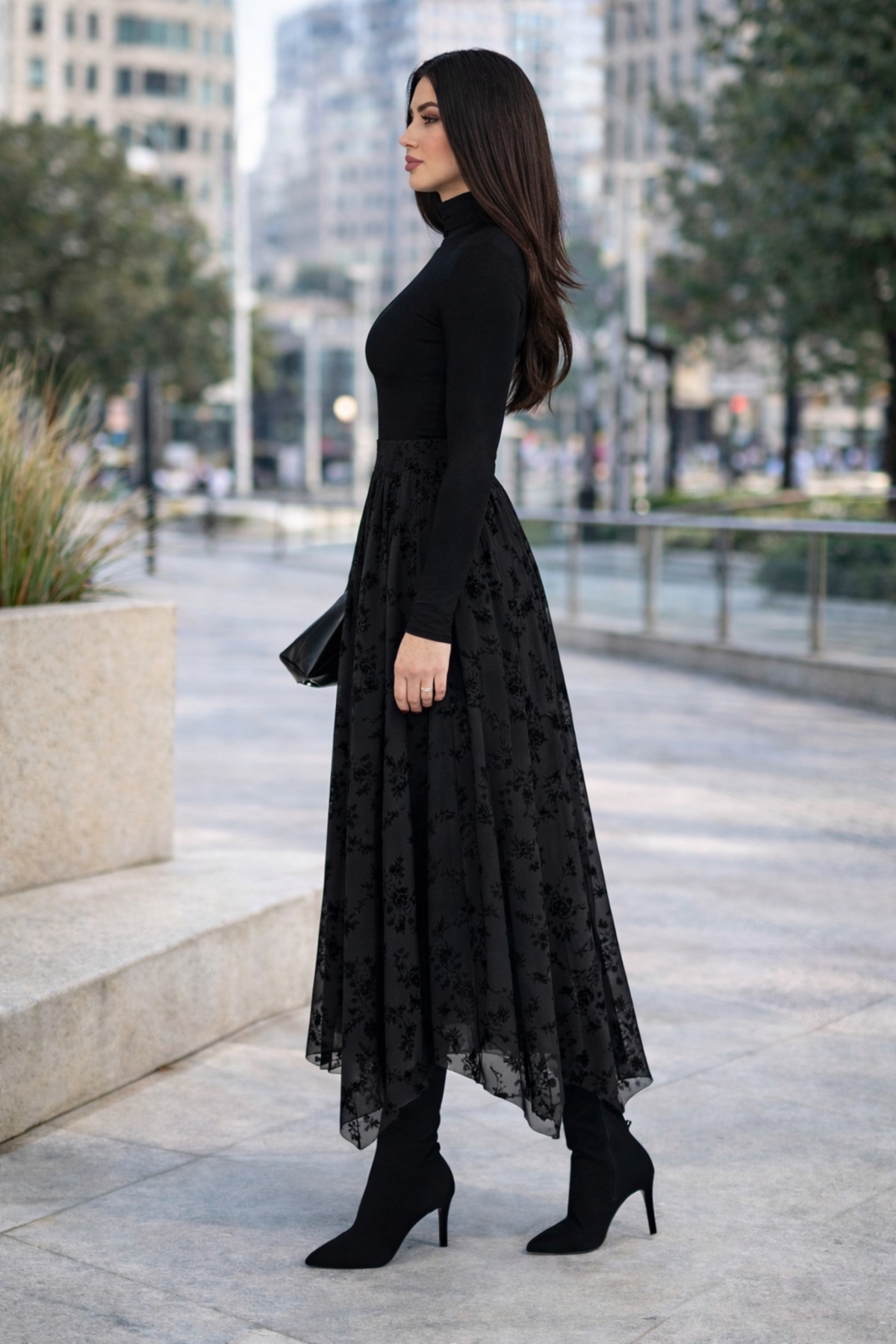 winmoda  Likralı Astarlı Flok Baskılı Tül Etek – Lastikli Bel, Günlük ve Tesettüre Uygun - Görsel 4