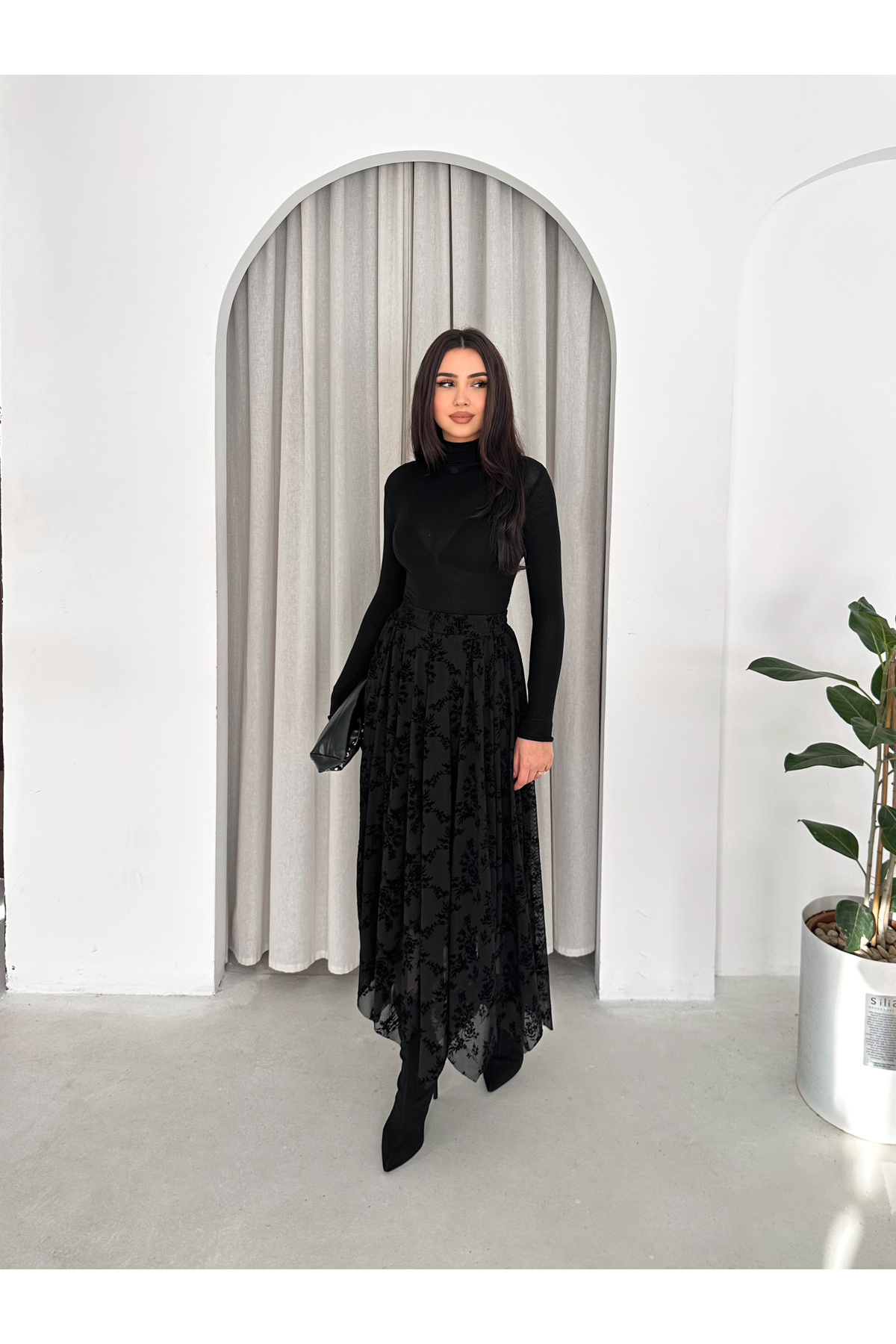 winmoda  Likralı Astarlı Flok Baskılı Tül Etek – Lastikli Bel, Günlük ve Tesettüre Uygun - Görsel 7