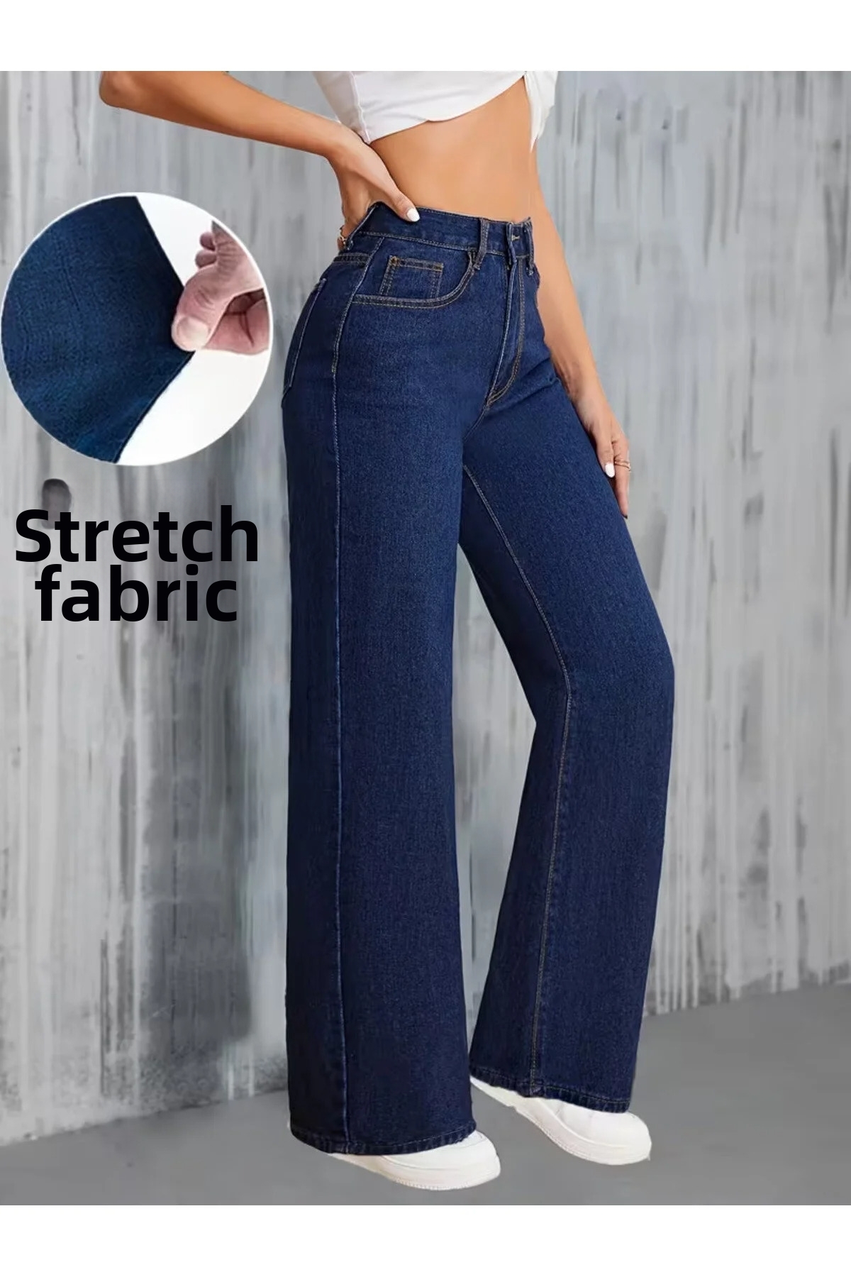 kleshus Çnr Γυναικείο ψηλόμεσο μπλε ναυτικό φαρδύ τζιν παντελόνι Lycra ελαστι...