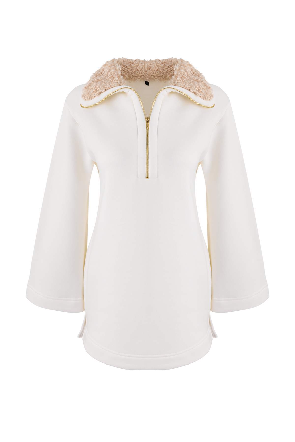 Trendyol Modest Beigefarbenes, übergroßes Interlock-Strick-Sweatshirt mit Kra...