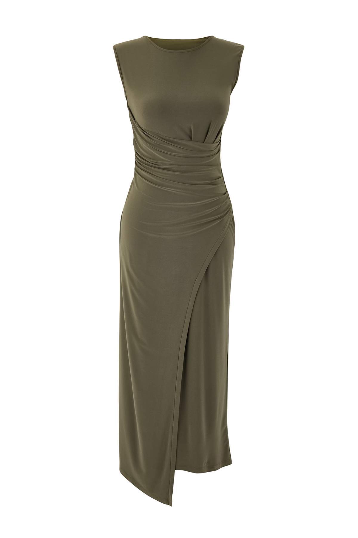Trendyolmilla  Haki Düz A-line Bisiklet Yaka Kolsuz Büzgülü Midi Esnek Astarlı Örme Elbise TWOSS26EL00011 - Görsel 5
