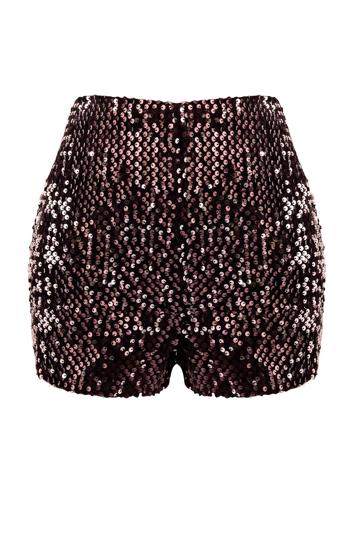 Trendyolmilla  Kahverengi Süper Mini Payet Şort & Bermuda TPRAW26SR00005 - Görsel 5