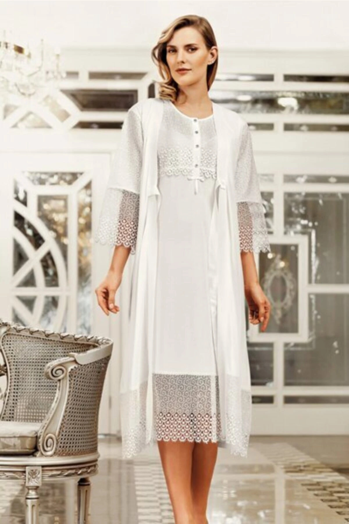 Artış 6406 Sabahlık Gecelik 2li Takım Ekru