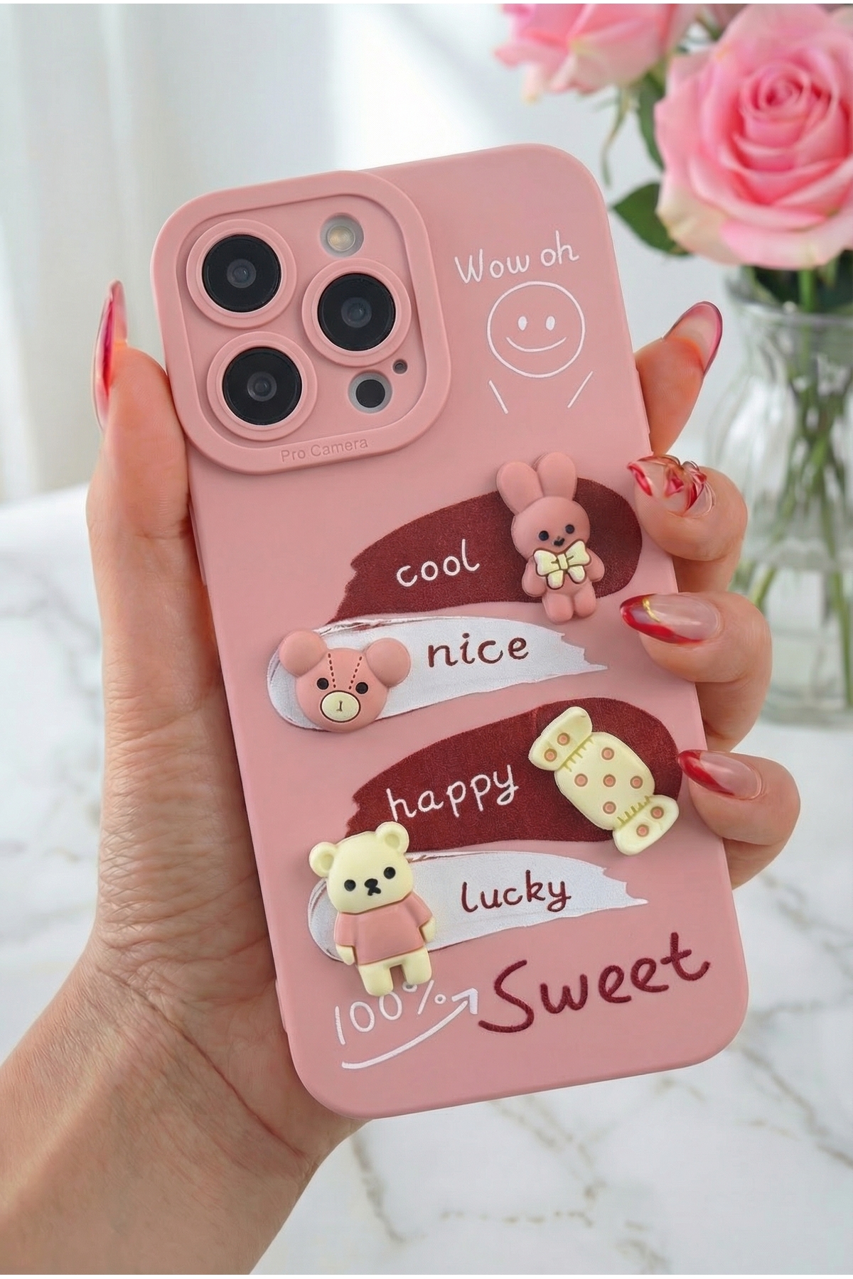 iPhone 14 Pro Max Case Design Patterned Camera Protected Rabbit Pink Soft Silicone Cover