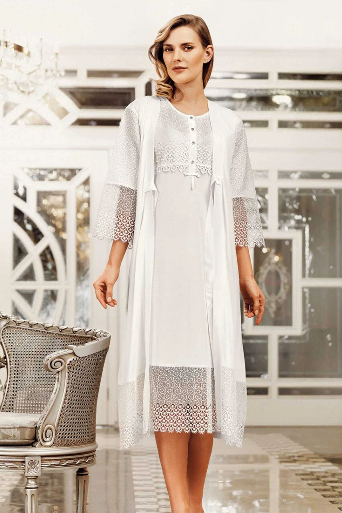 Artış Kadın Ekru Dantelli Penye Gecelik Sabahlık Takımı 6406