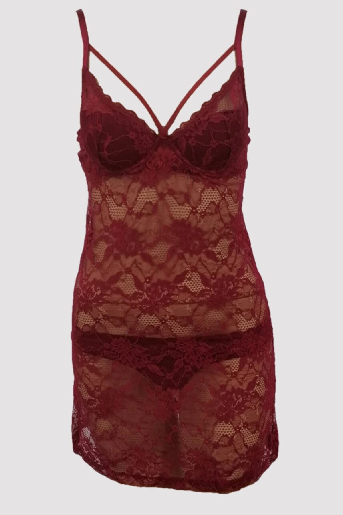 Pierre Cardin Bordo 4661 Pedli Balenli Çeyiz Dantel Gecelik Ve String Fantezi Iç Çamaşır Takımı