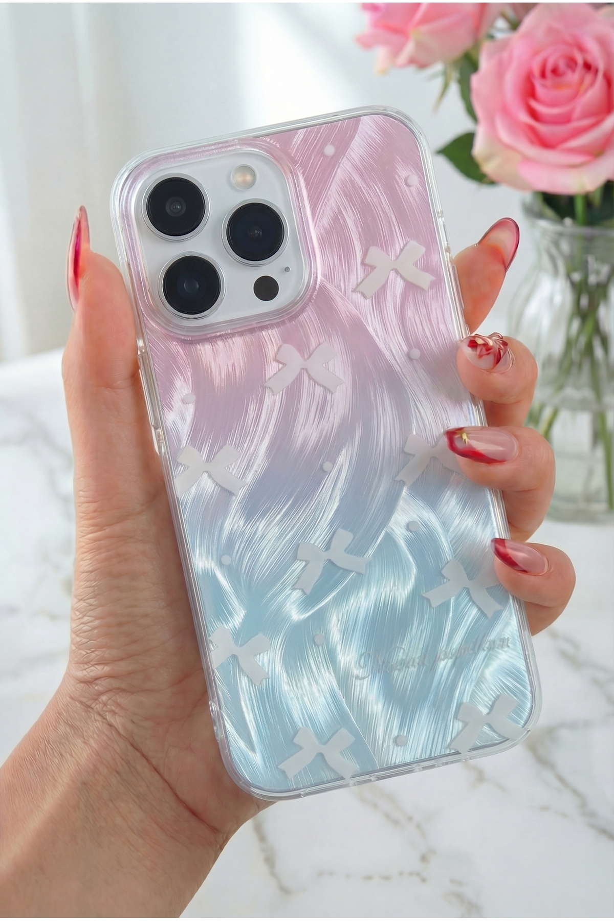 iPhone 16 Pro Max Case Shiny Bow Pattern Shock Absorbing Camera Protruding Colorful Silicone Cover