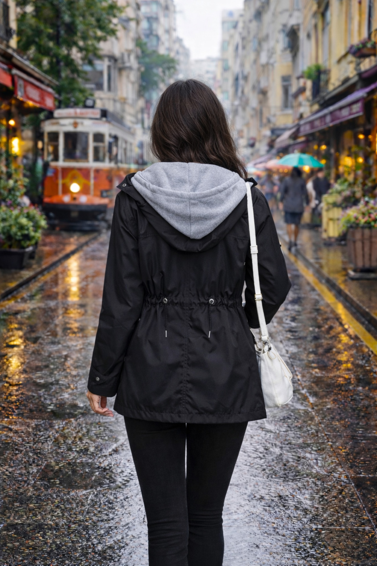 OYERGA MODA  Kadın Kapüşonlu Siyah Yağmurluk - Görsel 5