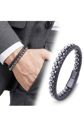 Caseras Hematit Doğal Taş & Doğal Deri Erkek Bileklik – Doğal Taş & Çelik Kom...