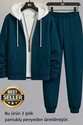 BRLKN Parçalı Renk Kapüşonlu Fermuarlı Hırka Eşofman Takımı 3'iplik kalın