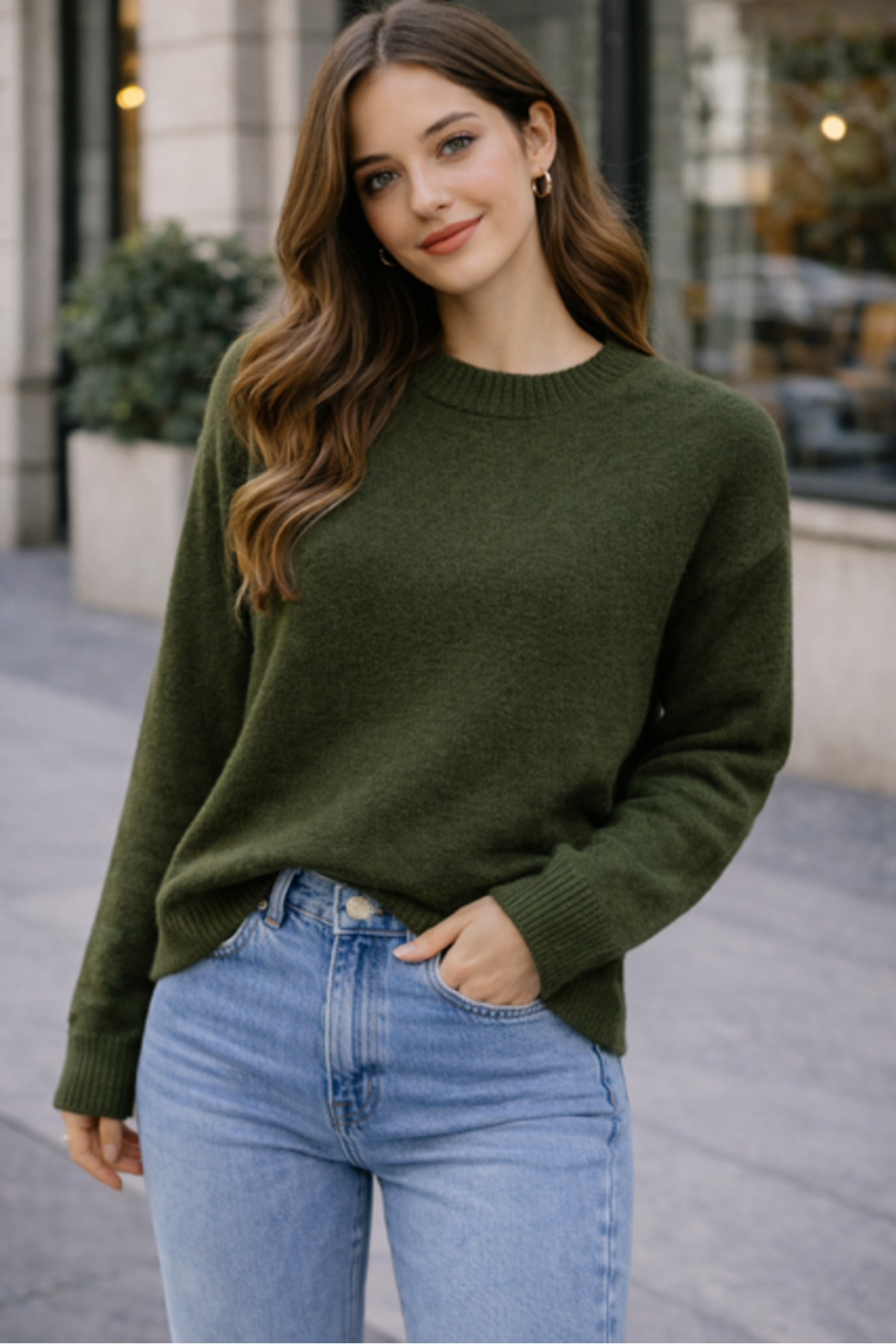 RTD&VLD  Kadın Bisiklet Yaka Yumuşak Dokulu Rahat Triko Kazak Haki