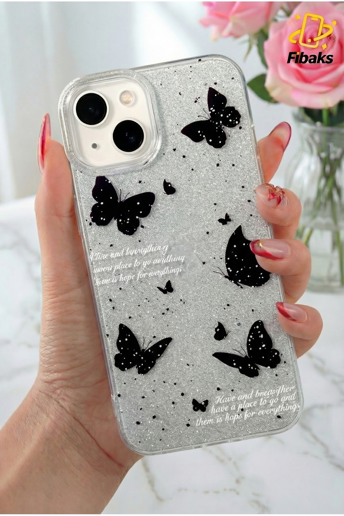 iPhone 14 Plus/15 Plus Case Glitter Black Butterfly Pattern Colorful Bright Shock Absorber