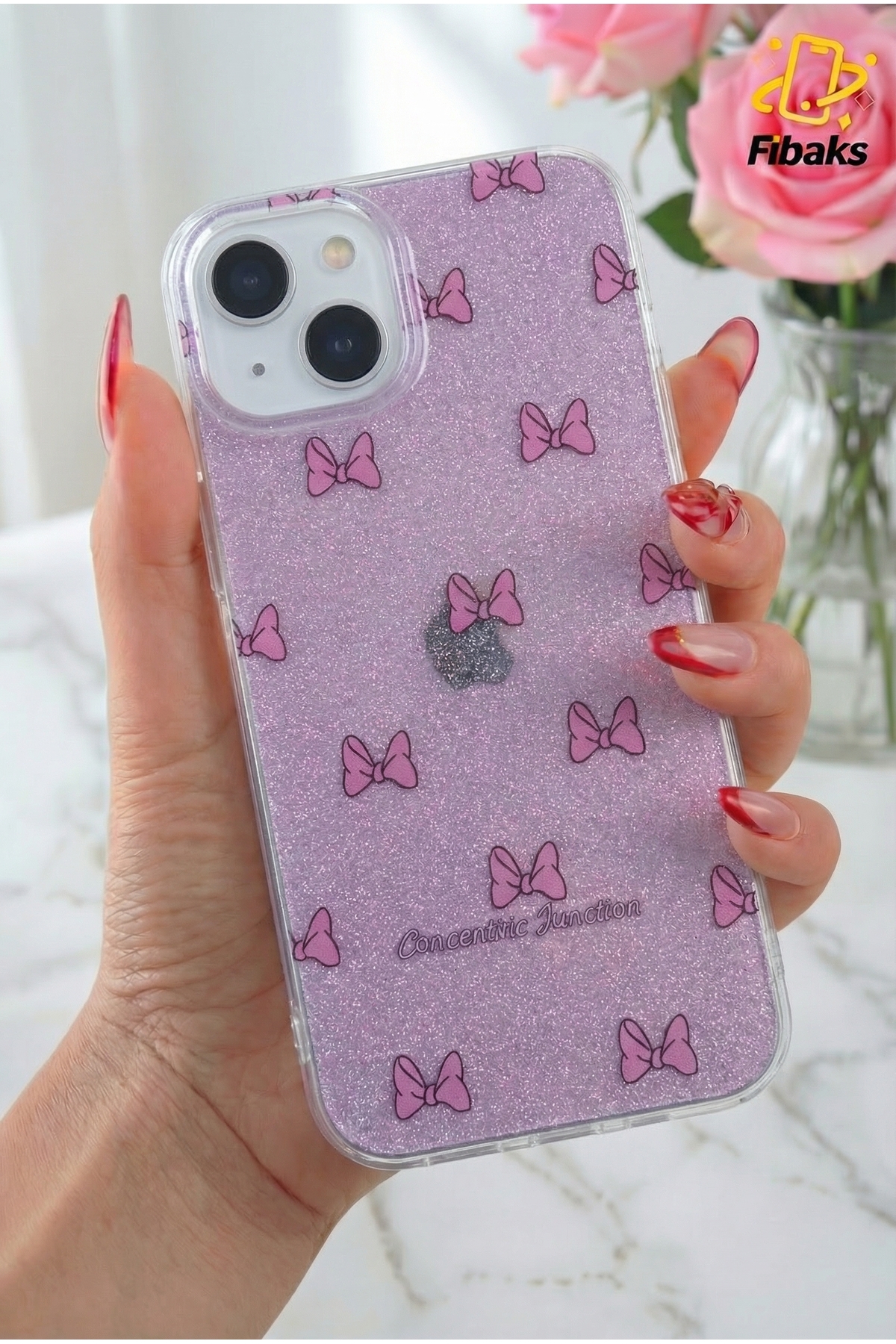 iPhone 14 Plus/15 Plus Case Purple Glitter Bow Pattern Color Bright Shock Absorber
