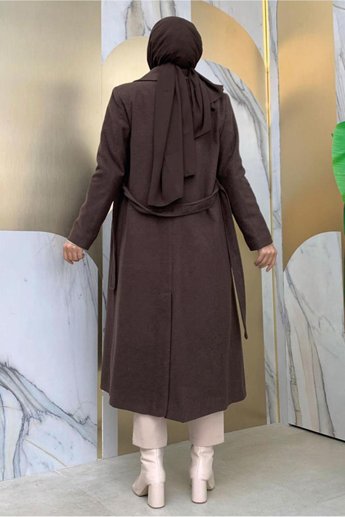 TRENDTESETTÜR  KADIN KAHVE KUŞAKLI KAŞE KABAN T 9157 - Görsel 3