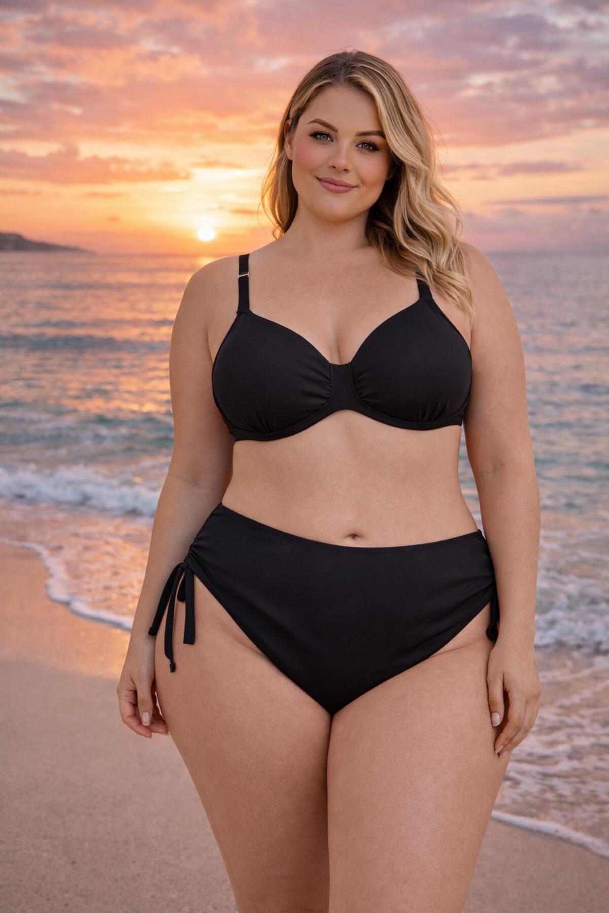 Women's Black Lycra Stretchy Stylish Comfortable Plus Size String Underwire Wrap High Waist Bikini Set