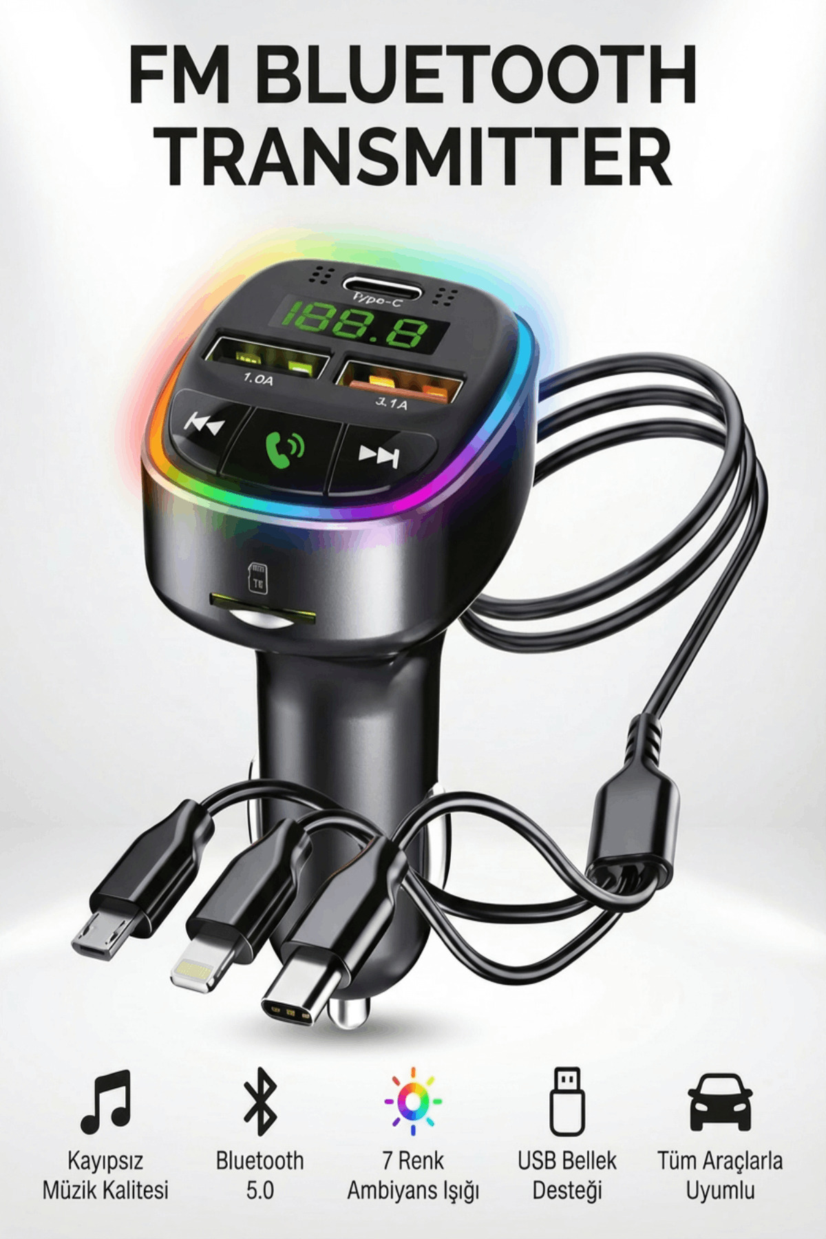Kensa Bluetooth FM Transmitter – 3 USB Portlu Süper Hızlı Araç