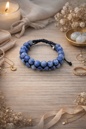 ENFERA DOĞAL TAŞ Doğal Taş Dumortierit Taşı Makrome Çift Sıra Bileklik 8 mm