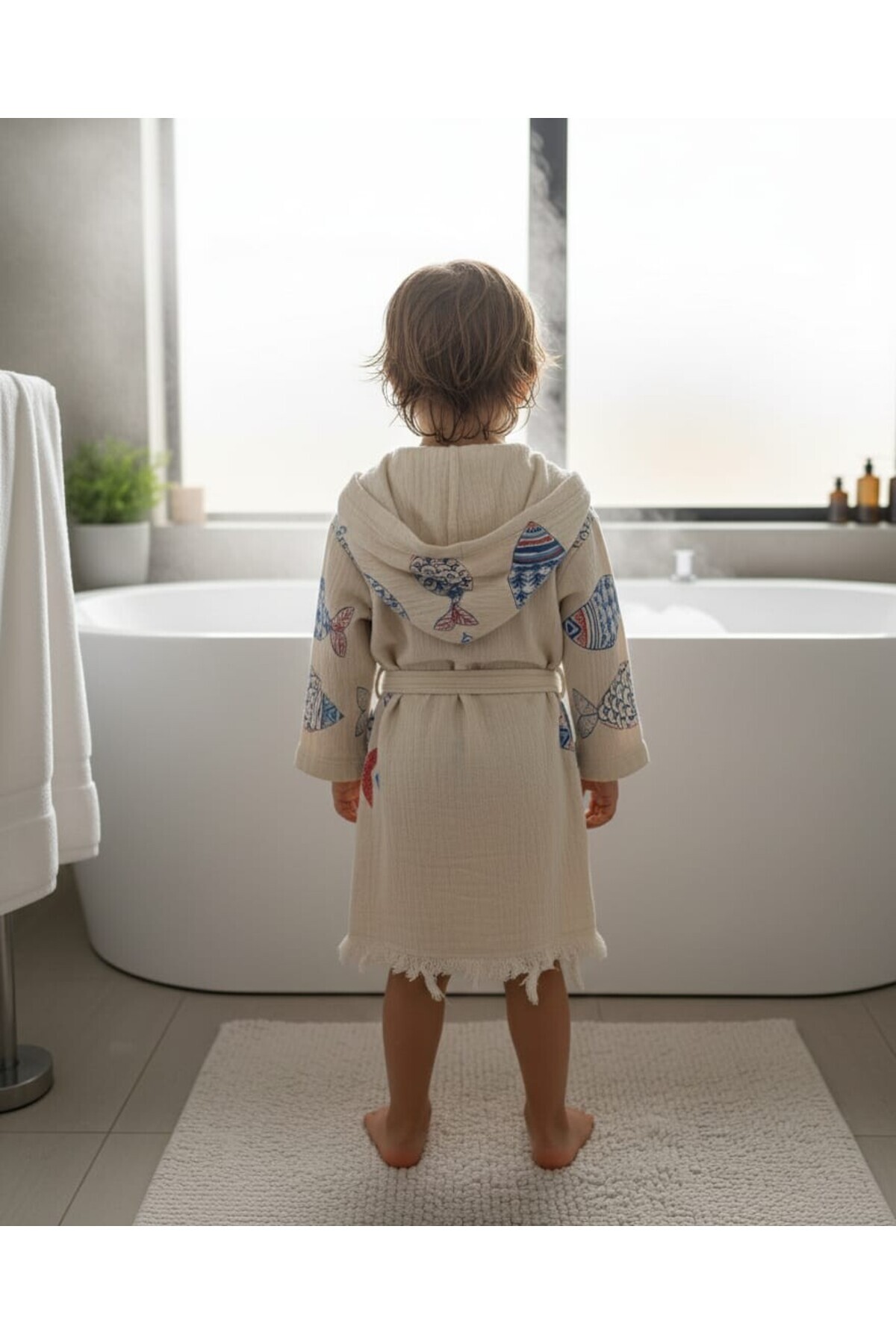 violet storee Çocuk Müslin Pamuk Bornoz Banyo,Plaj,Havuz Yaz,Kış Kapüşonlu Bornoz Unisex-Su Emici-Balık Desen fotoğrafı 2 (önizleme)