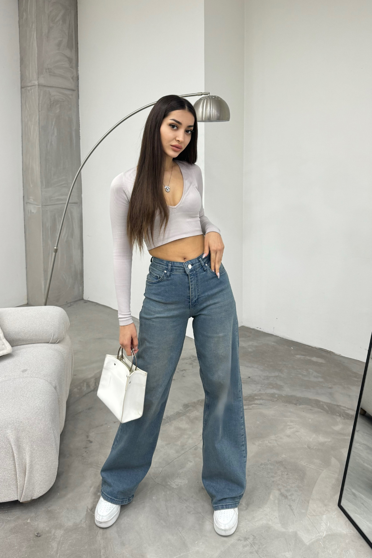 Kadın Soluk Efekt Vintage Yüksek Bel Wide Leg Jeans Efektli Mavi 6