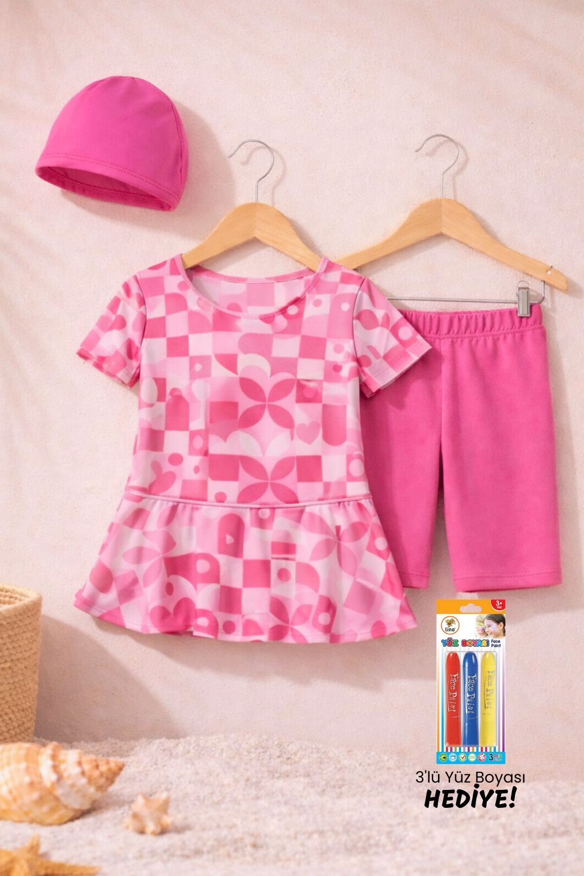 Heart Patterned Pink Girls' Swimwear Set with Bonnet