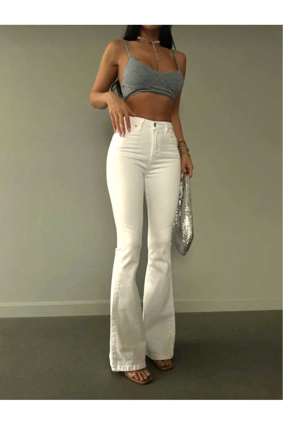 Trn JNS  Lina İspanyol kırık Beyaz Kalın Kumaş Kot Pantolon Jeans(iç Göstermez) - Görsel 5