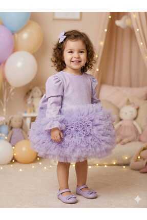 penu baby kids Lila Pırıltı Kumaş Tütü Etekli Fiyonklu Uzun Kollu Kız Çocuk K...