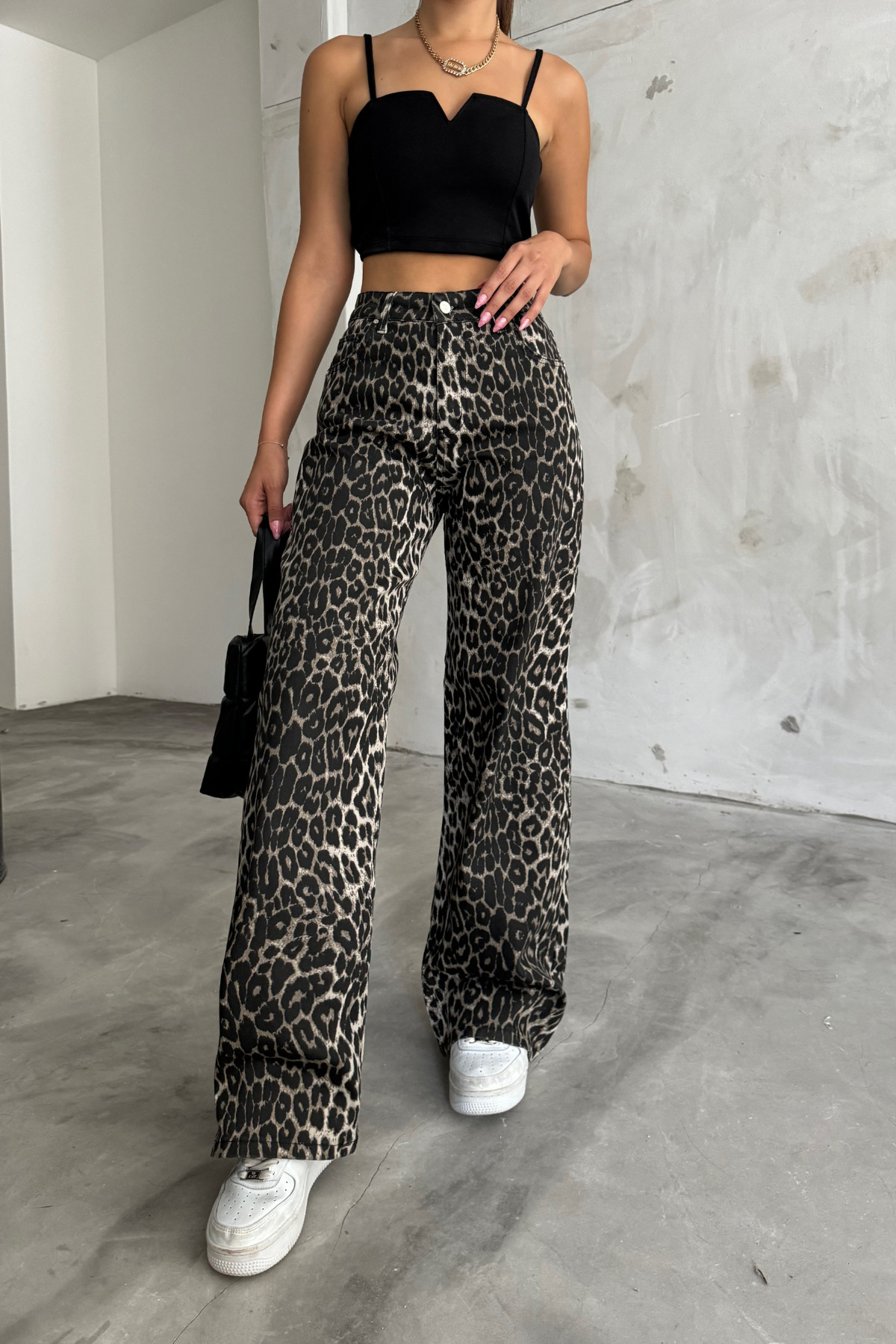 BİKELİFE  Kadın Leopar Desenli Yüksel Bel Geniş Paça Lıkralı Palazzo Pantolon - Görsel 5