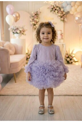 penu baby kids Lila Tütülü Uzun Kol Kız Bebek Elbise - Princess