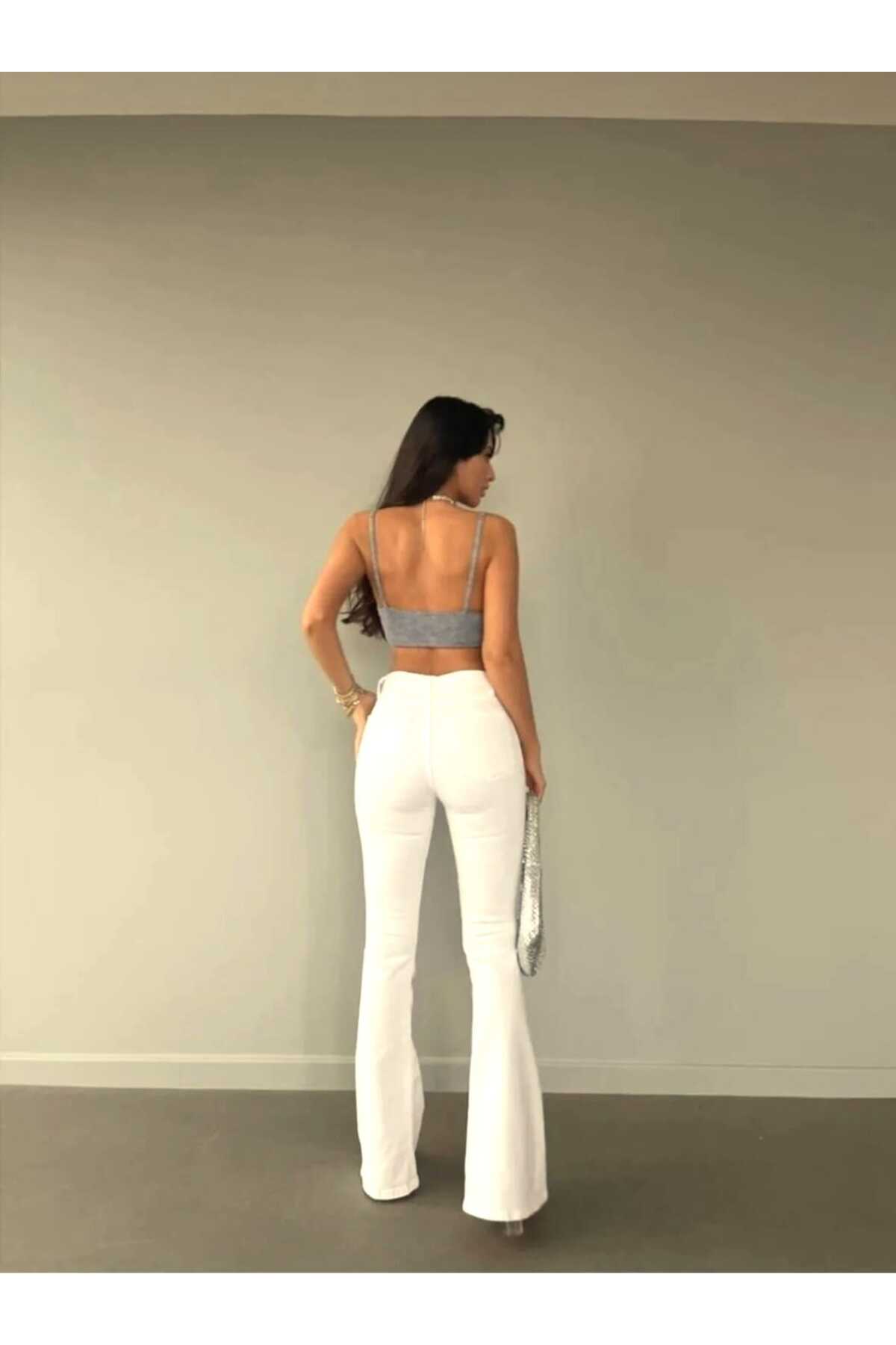 NWC Kadın Kırık Beyaz Ispanyol Paça Kot Pantolon Yüksek Bel Jeans (Kalın kumaş İç Göstermez) görsel 3
