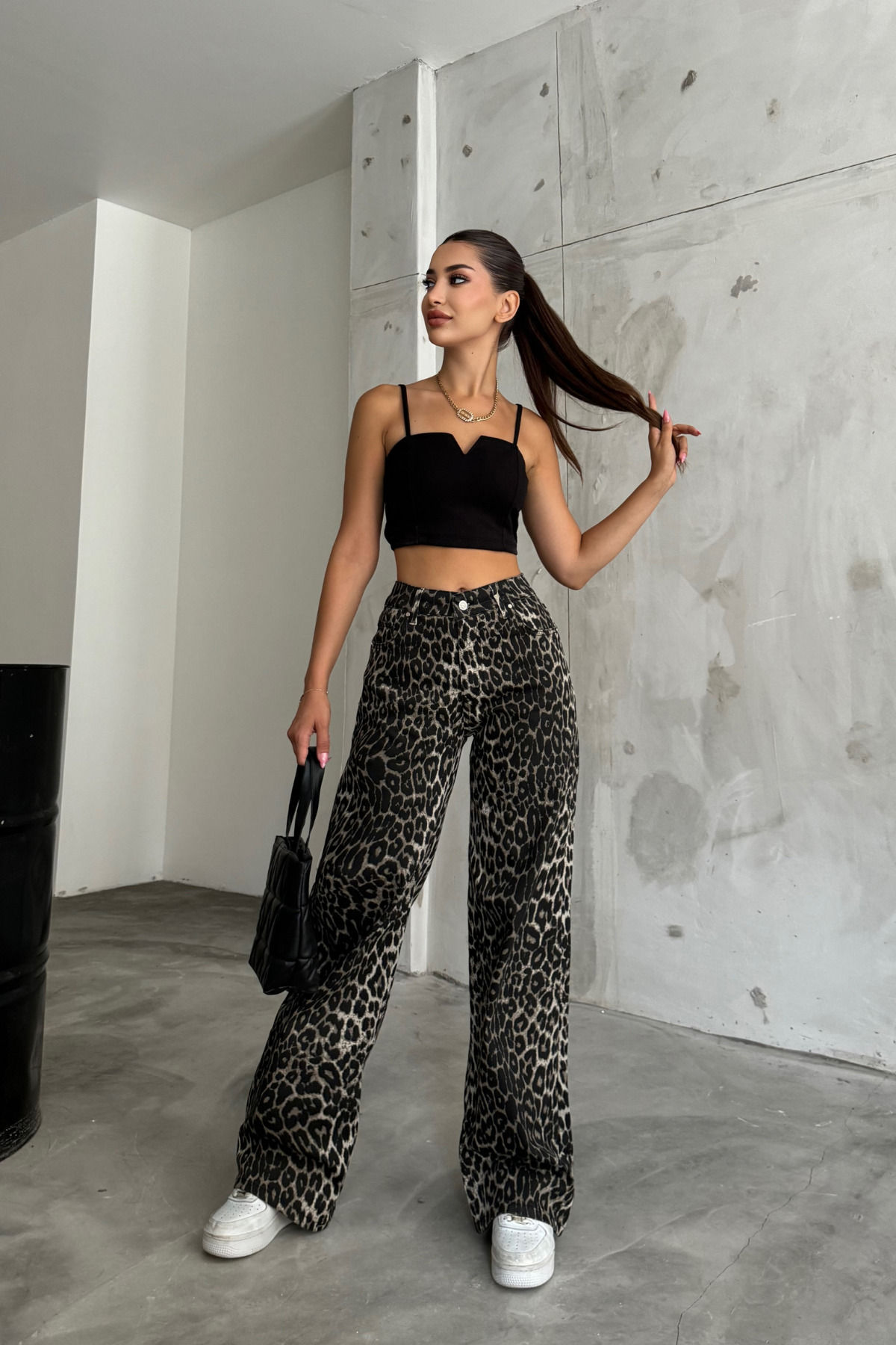 BİKELİFE  Kadın Leopar Desenli Yüksel Bel Geniş Paça Lıkralı Palazzo Pantolon - Görsel 8