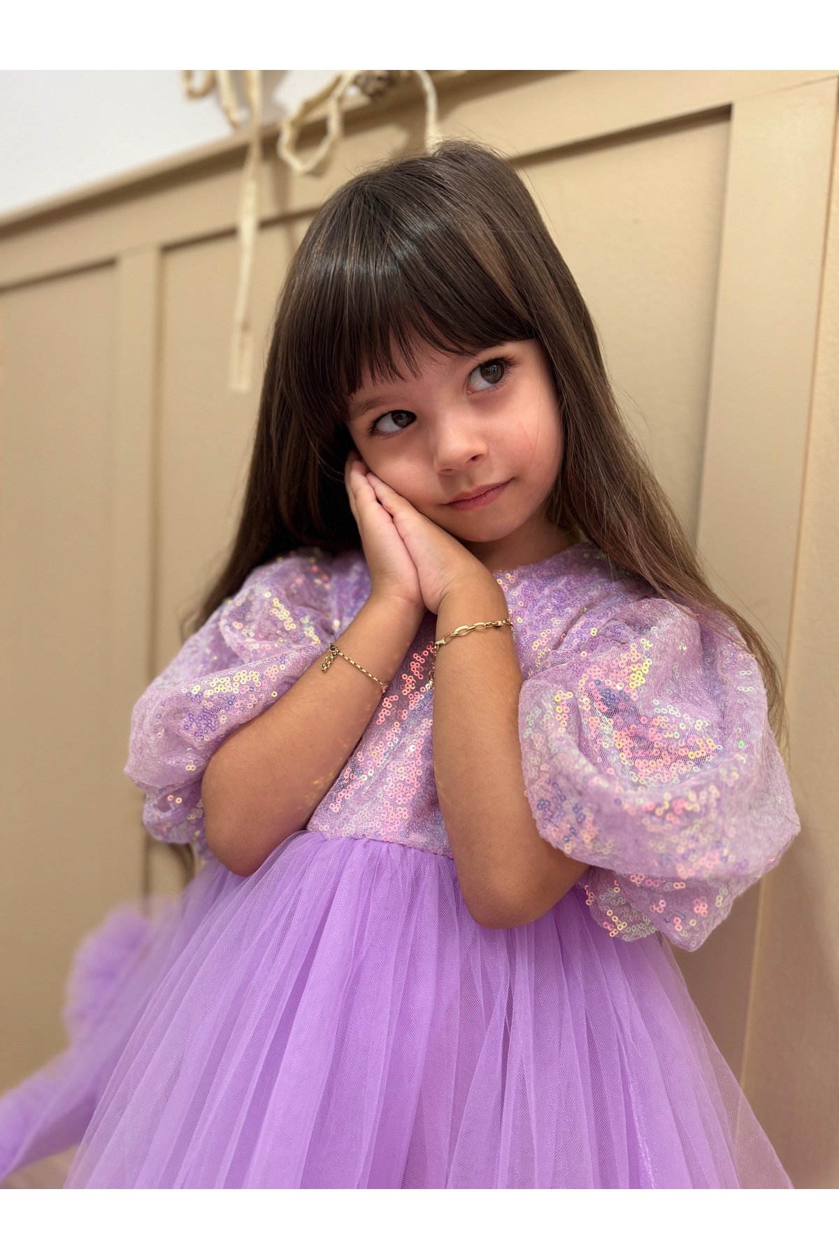 penu baby kids Lila Payetli Balon Kol Grenli Tül Etekli Kız Çocuk Kız Bebek Abiye Elbise - Terra fotoğrafı 7 (önizleme)