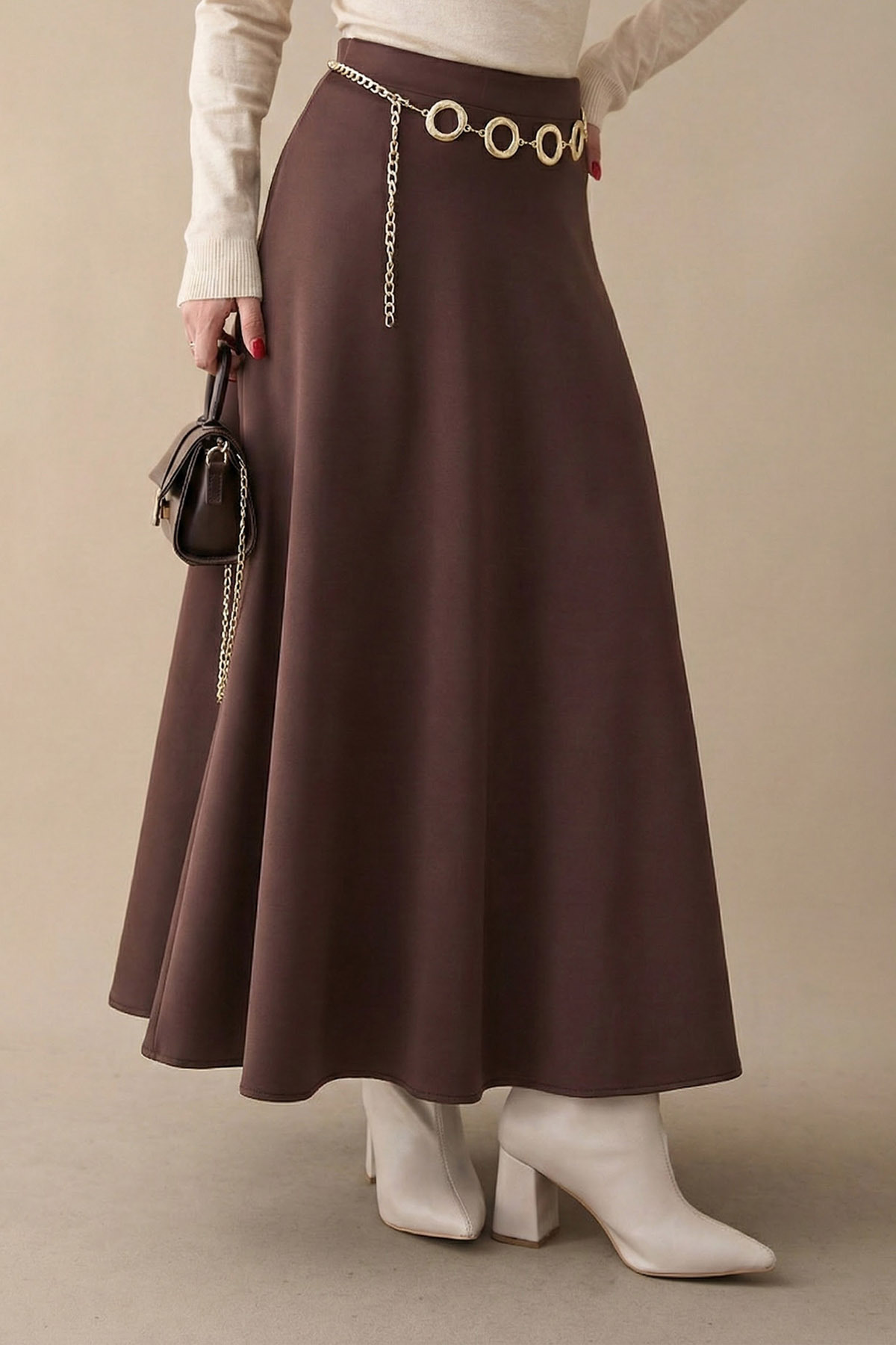 InStyle  Kloş Beli Lastikli Scuba Acı Kahve Etek - Görsel 3