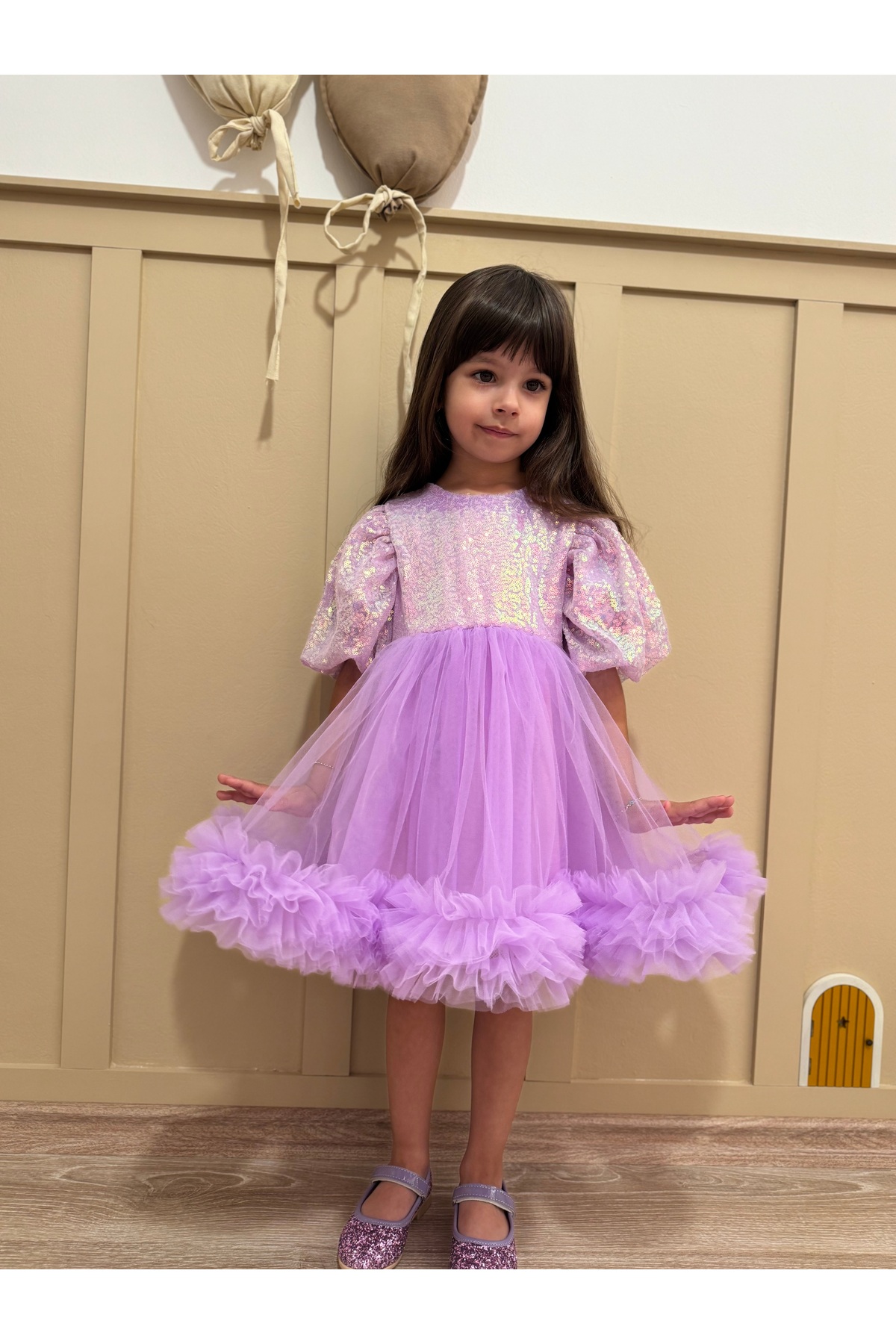 penu baby kids Lila Payetli Balon Kol Grenli Tül Etekli Kız Çocuk Kız Bebek Abiye Elbise - Terra fotoğrafı 6 (önizleme)