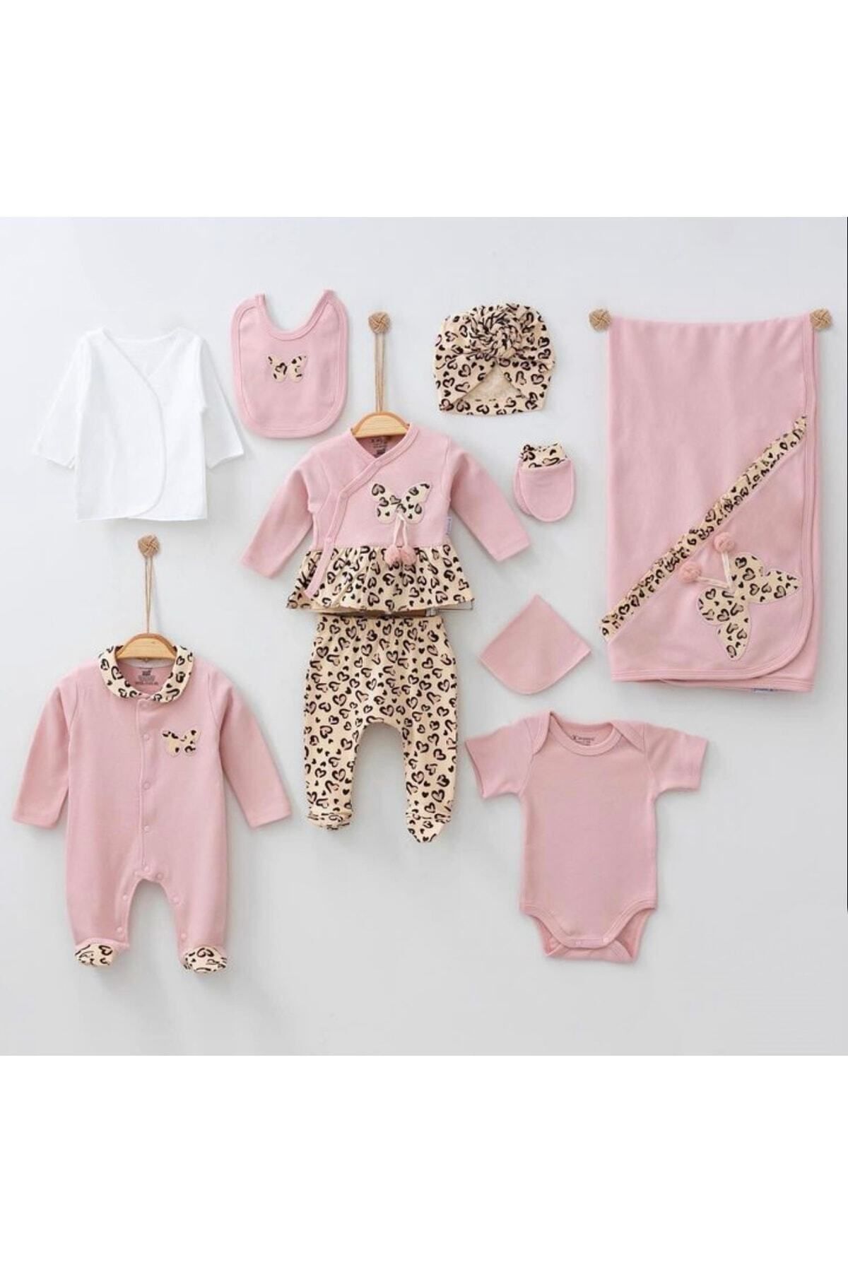 Cherub Baby Kelebekli Leopar Baskılı Tulumlu %100 Pamuk Yenidoğan Kız Bebek 10 Parça Hastane Çıkışı Zıbın Seti fotoğrafı 6 (önizleme)