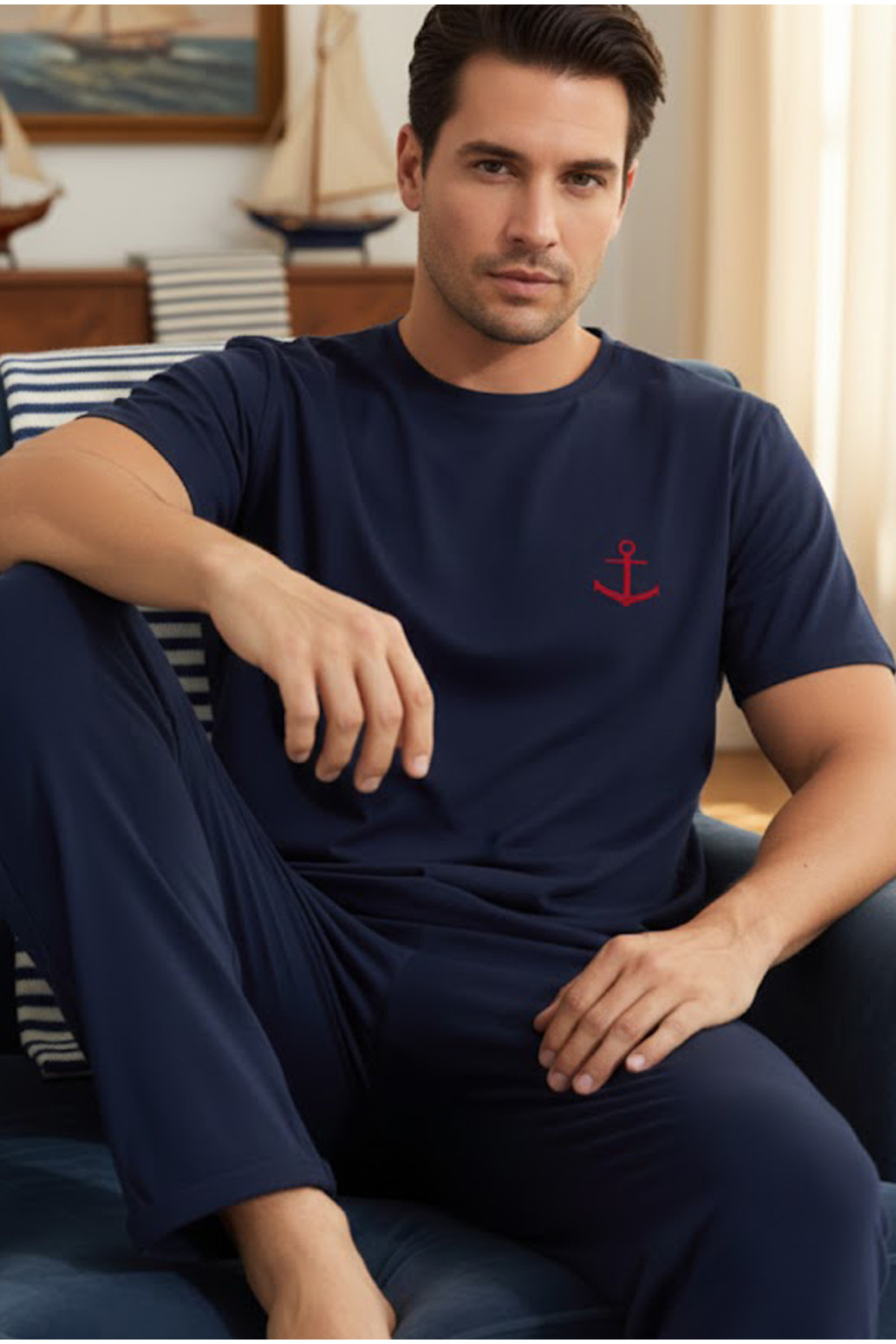 Siyah İnci  lacivert Kısa Kollu Örme Erkek Pijama Takım 7794