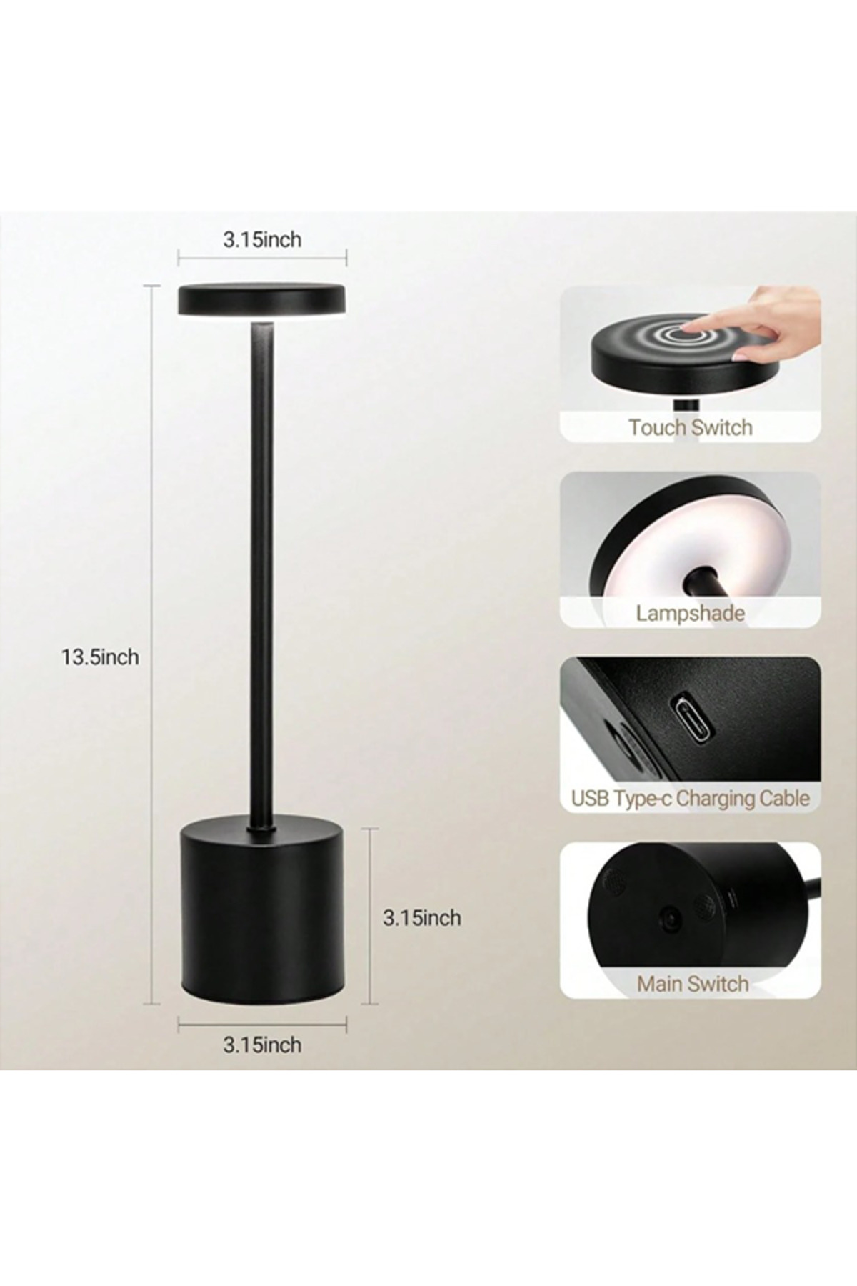 مصباح مكتبي لاسلكي قابل لإعادة الشحن بقوة 3600 مللي أمبير/ساعة، مصباح مكتبي اسود محمول معدني.